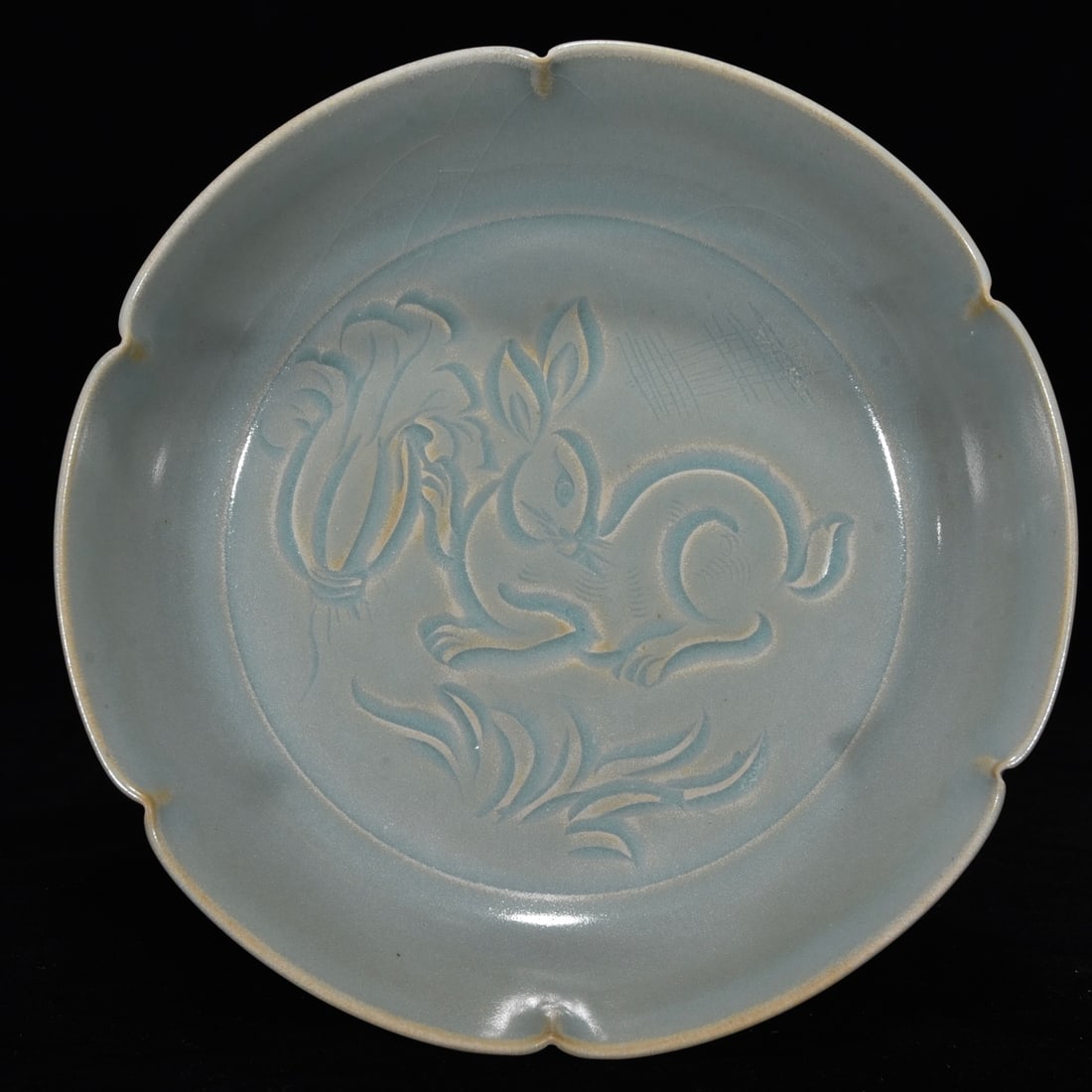 Song Dynasty Ru kiln azure glaze carved rabbit porcelain sunflower mouth washer: Size: Width 18.5 cm - Height 4.5 cm Materials: Porcelain Time Period: Song dynasty Manufactured Date: 10th-c Period Object: Chinese Antique ⛨ Purchase With Confidence ✔ Verified Auc