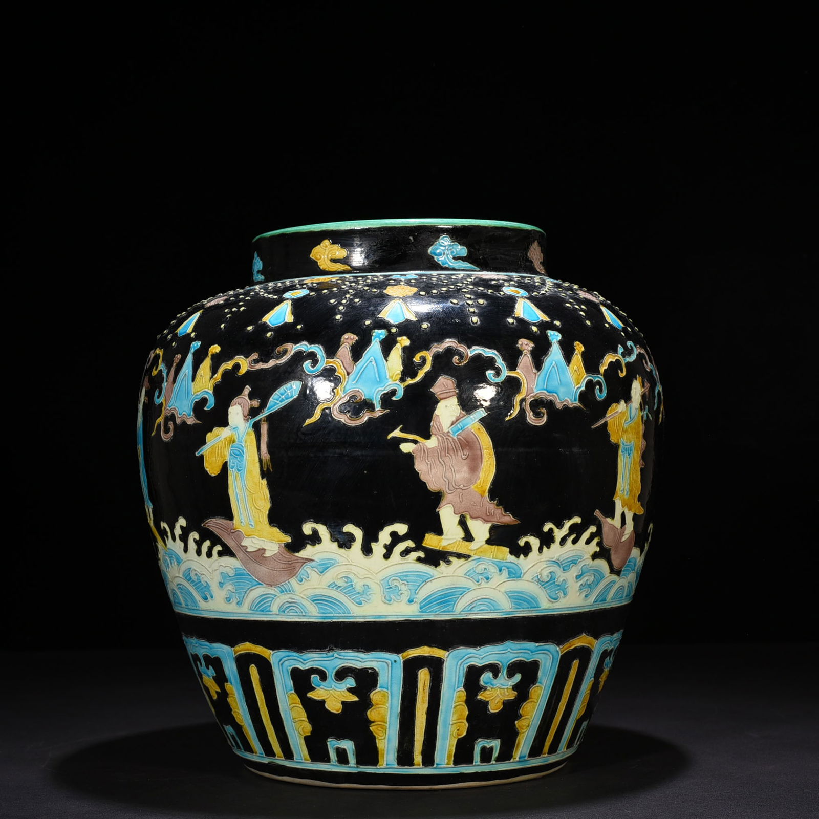 Ming Dynasty Yongle black ground enamel eight immortals figures Jar: Size: Height 32 cm - Width 30 cm Materials: Porcelain Time Period: Ming dynasty Manufactured Date: Yongle Mark & Period Object: Chinese Antique ⛨ Purchase With Confidence ✔ Verified