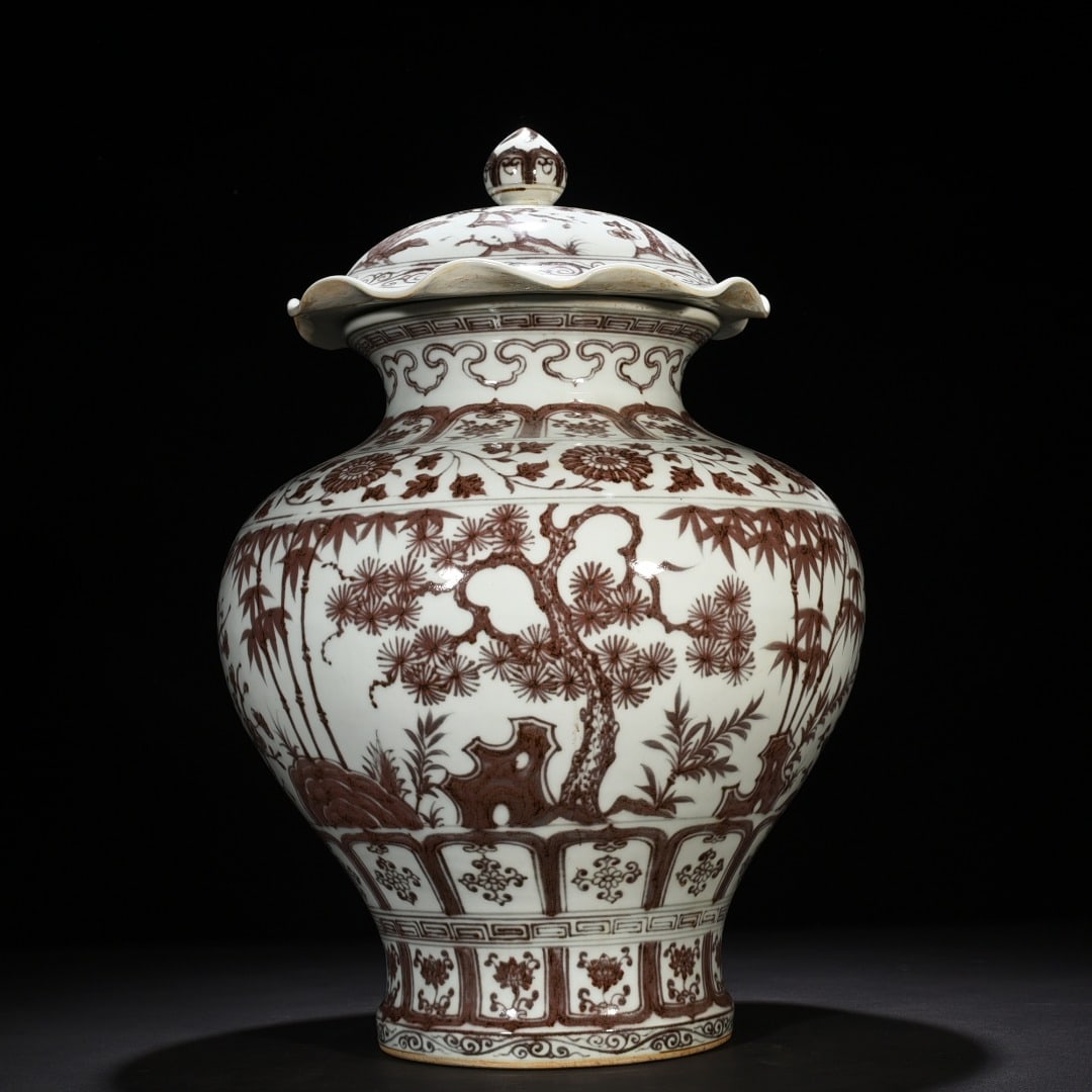 Ming Dynasty Hongwu glazed red pine bamboo and plum porcelain lotus leaf jar: Size: Height 54 cm - Width 36 cm Materials: Porcelain Time Period: Ming dynasty Manufactured Date: Hongwu Mark & Period Object: Chinese Antique ⛨ Purchase With Confidence ✔ Verified