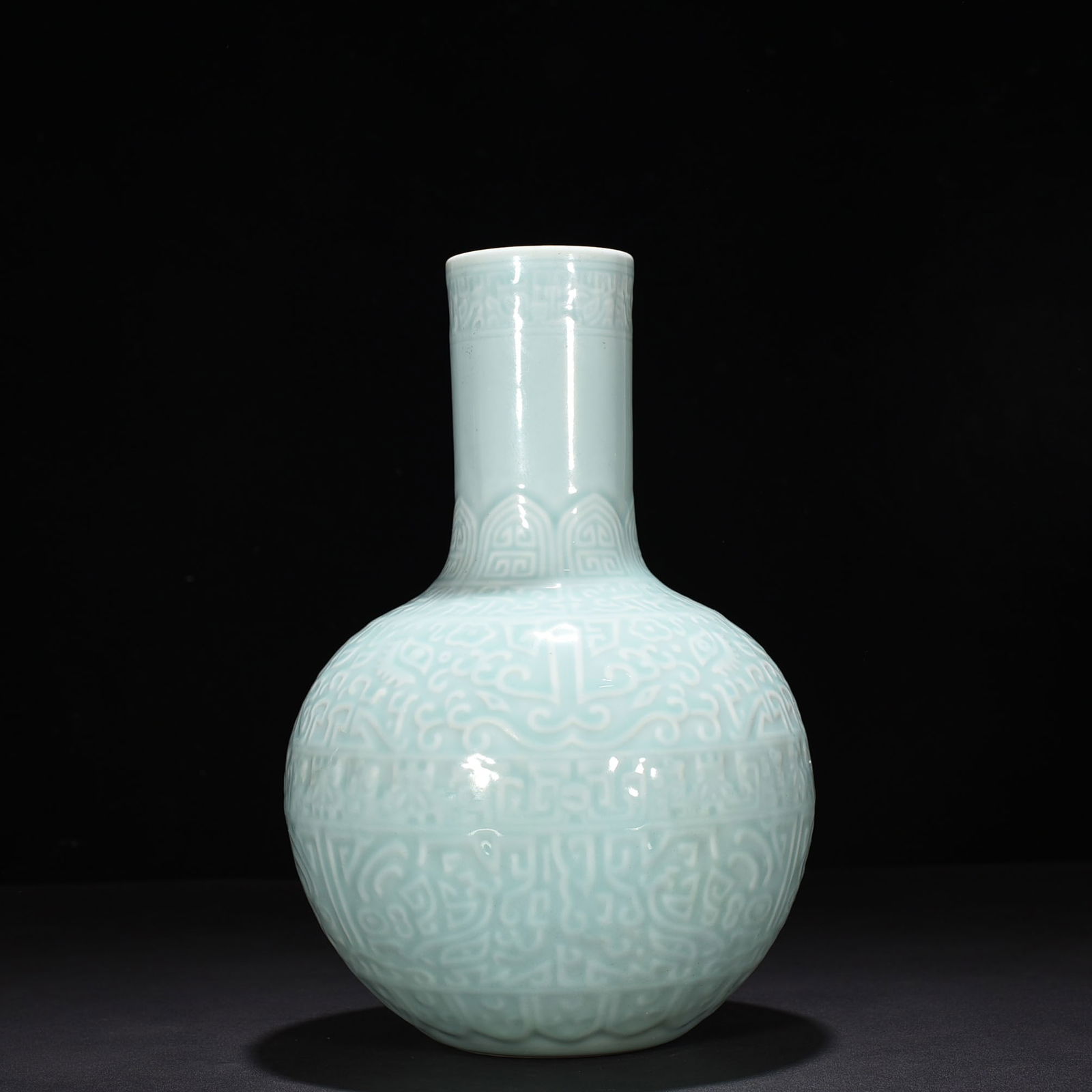 Qing Dynasty Qianlong pink celadon glaze carved Taotie porcelain celestial sphere vase: Size: Height 36 cm - Width 20 cm Materials: Porcelain Time Period: Qing dynasty Manufactured Date: Qianlong Mark & Period Object: Chinese Antique ⛨ Purchase With Confidence ✔ Verifi