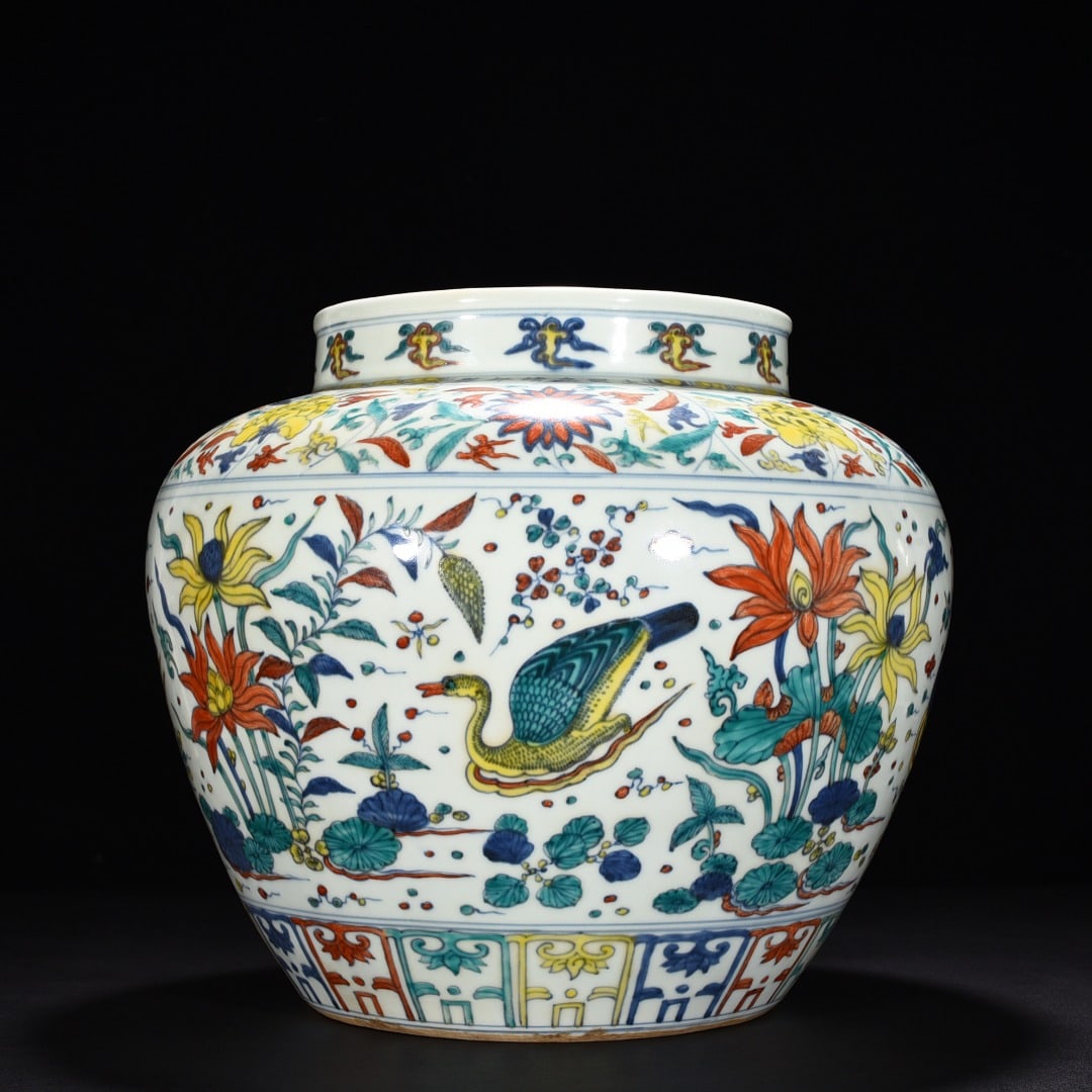 Ming Dynasty Jiajing Blue and White Colorful Lotus Mandarin Duck Pond Jar: Size: Height 35 cm - Width 30.5 cm Materials: Porcelain Time Period: Ming dynasty Manufactured Date: Jiajing Mark & Period Object: Chinese Antique ⛨ Purchase With Confidence ✔ Verif