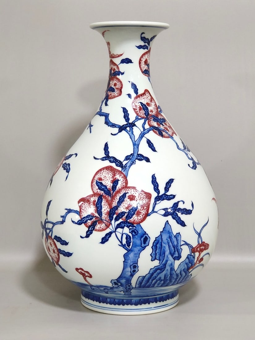 Qing Dynasty Qianlong blue and white underglaze red Five Blessings and Nine Peach spring vase (1 of 8)