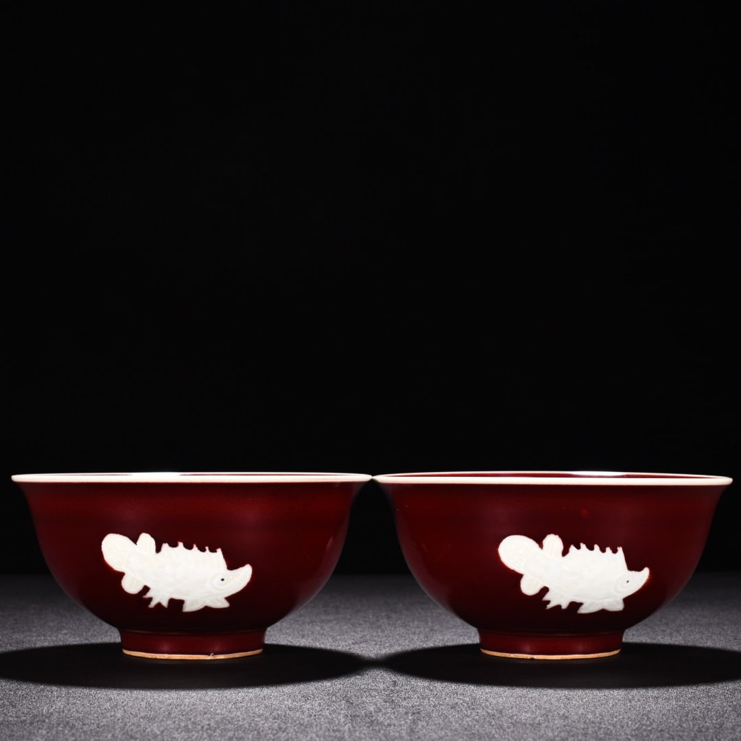 Ming Dynasty Xuande ruby red glaze pile-engraved three-fish bowl: Size: Width 15.3 cm - Height 7.5 cm Materials: Porcelain Time Period: Ming dynasty Manufactured Date: Xuande Mark & Period Object: Chinese Antique ⛨ Purchase With Confidence ✔ Verif