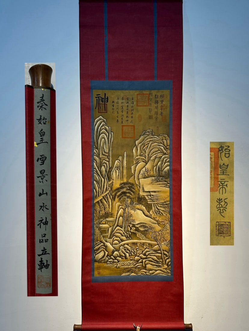 Chinese scroll painting Qin dynasty Ying Zheng: Size: Height 113 cm - Width 46 cm Materials: Silk Time Period: Qin dynasty Manufactured by: Ying Zheng Object: Chinese Antique A premium silk scroll painting depicting a snowy landscape, associated wi