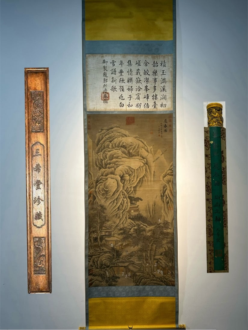 Chinese scroll painting Song dynasty Guo Xi: Size: Height 203 cm - Width 75 cm Materials: Silk Time Period: Song dynasty Manufactured by: Guo Xi Object: Chinese Antique An exquisite landscape painting titled *Celebration of Spring* (Qingchun Tu)