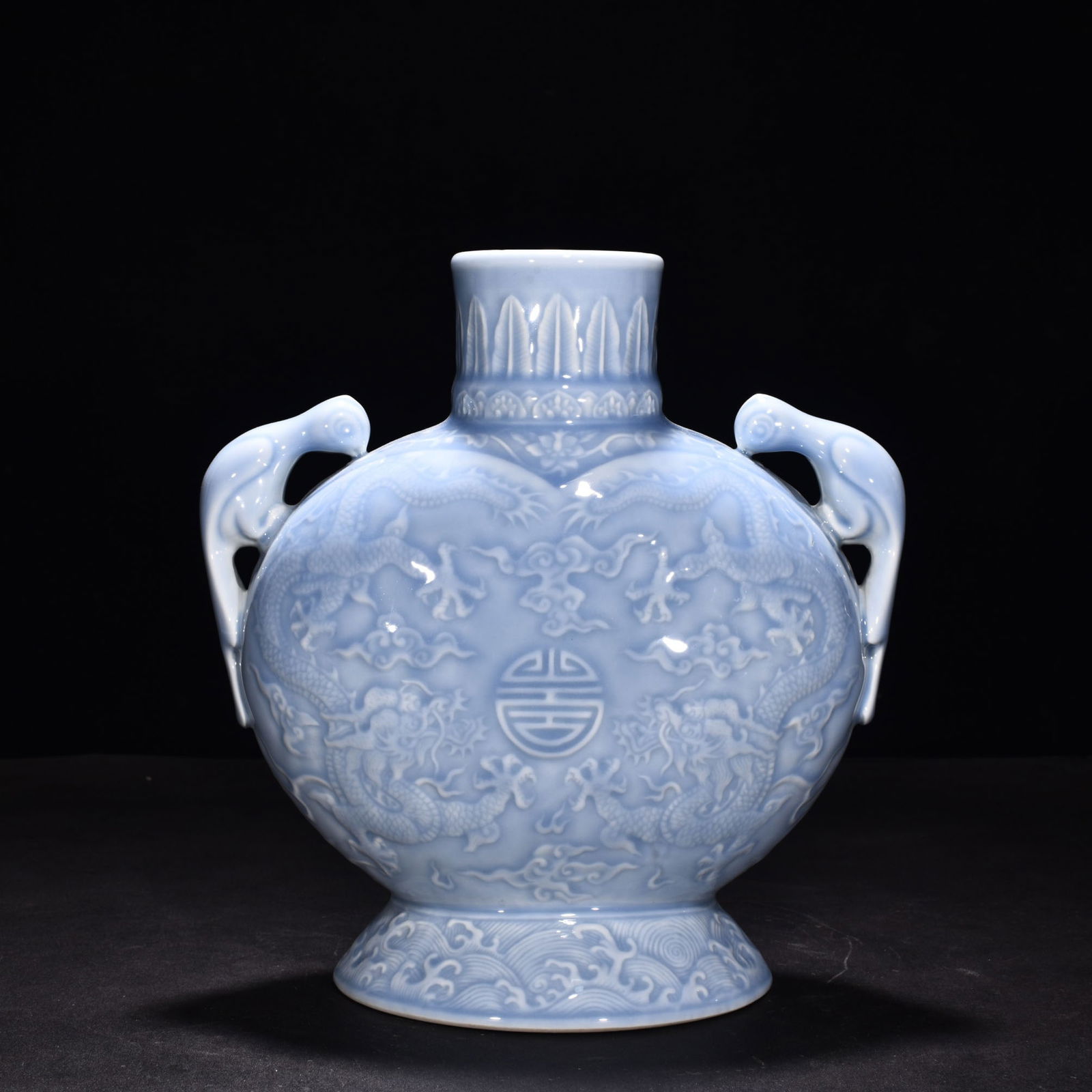 Qing Dynasty Qianlong azure glaze double dragon holding longevity parrot ear flat vase: Size: Height 25.5 cm - Width 11 cm Materials: Porcelain Time Period: Qing dynasty Manufactured Date: Qianlong Mark & Period Object: Chinese Antique ⛨ Purchase With Confidence ✔ Veri