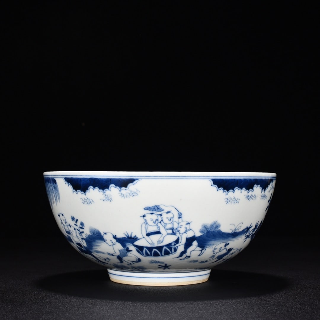 Qing Dynasty Kangxi blue and white baby play porcelain bowl: Size: Width 19 cm - Height 9 cm Materials: Porcelain Time Period: Qing dynasty Manufactured Date: Kangxi Mark & Period Object: Chinese Antique ⛨ Purchase With Confidence ✔ Verified