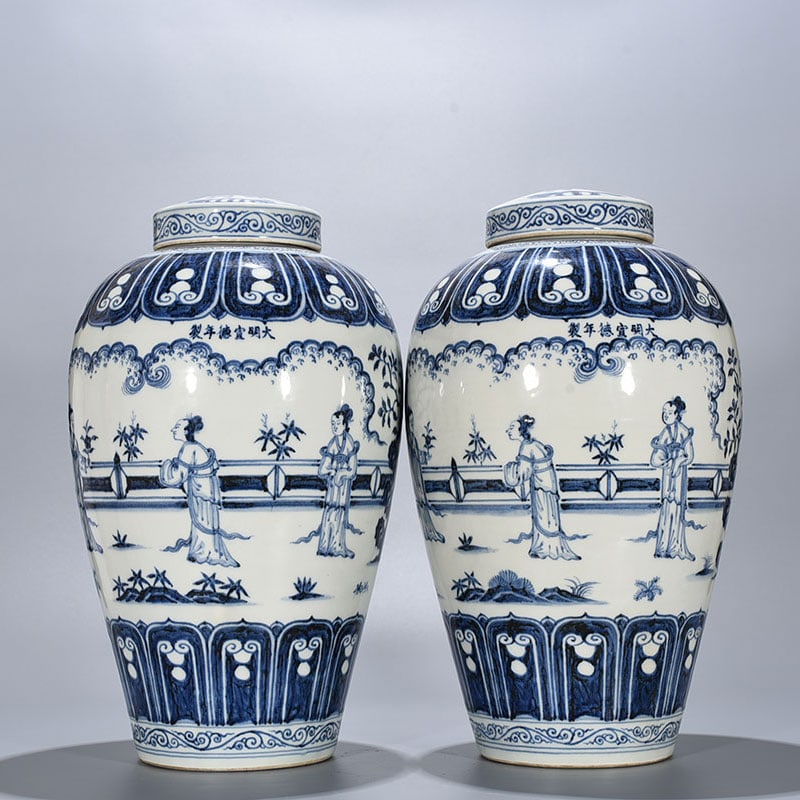 Ming Dynasty Xuande blue and white lady-shaped lid jar: Size: Height 44 cm - Width 27 cm Materials: Porcelain Time Period: Ming dynasty Manufactured Date: Xuande Mark & Period Object: Chinese Antique ⛨ Purchase With Confidence ✔ Verified