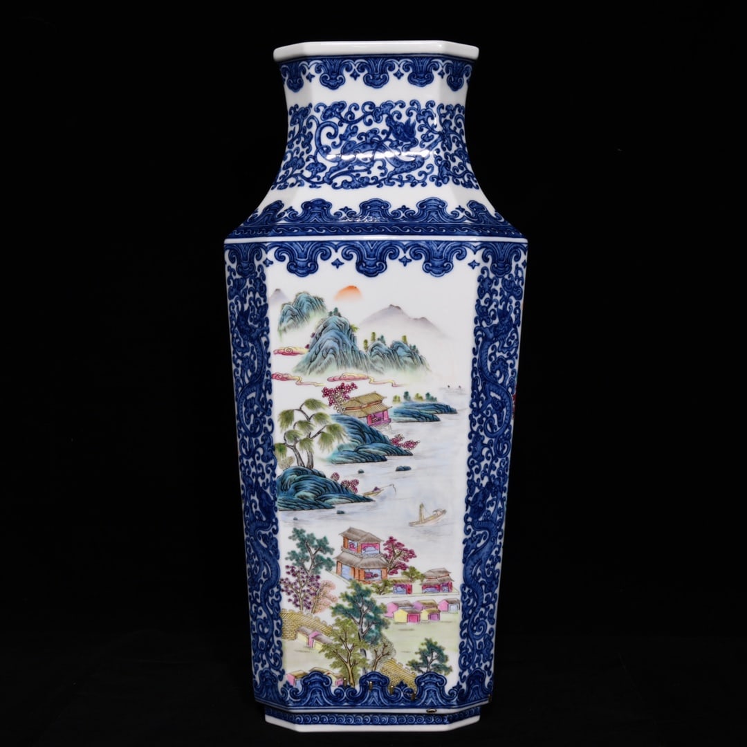 Qing Dynasty Qianlong blue and white pastel landscape pattern square vase: Size: Height 50.3 cm - Width 22.5 cm Materials: Porcelain Time Period: Qing dynasty Manufactured Date: Qianlong Mark & Period Object: Chinese Antique ⛨ Purchase With Confidence ✔ Ve