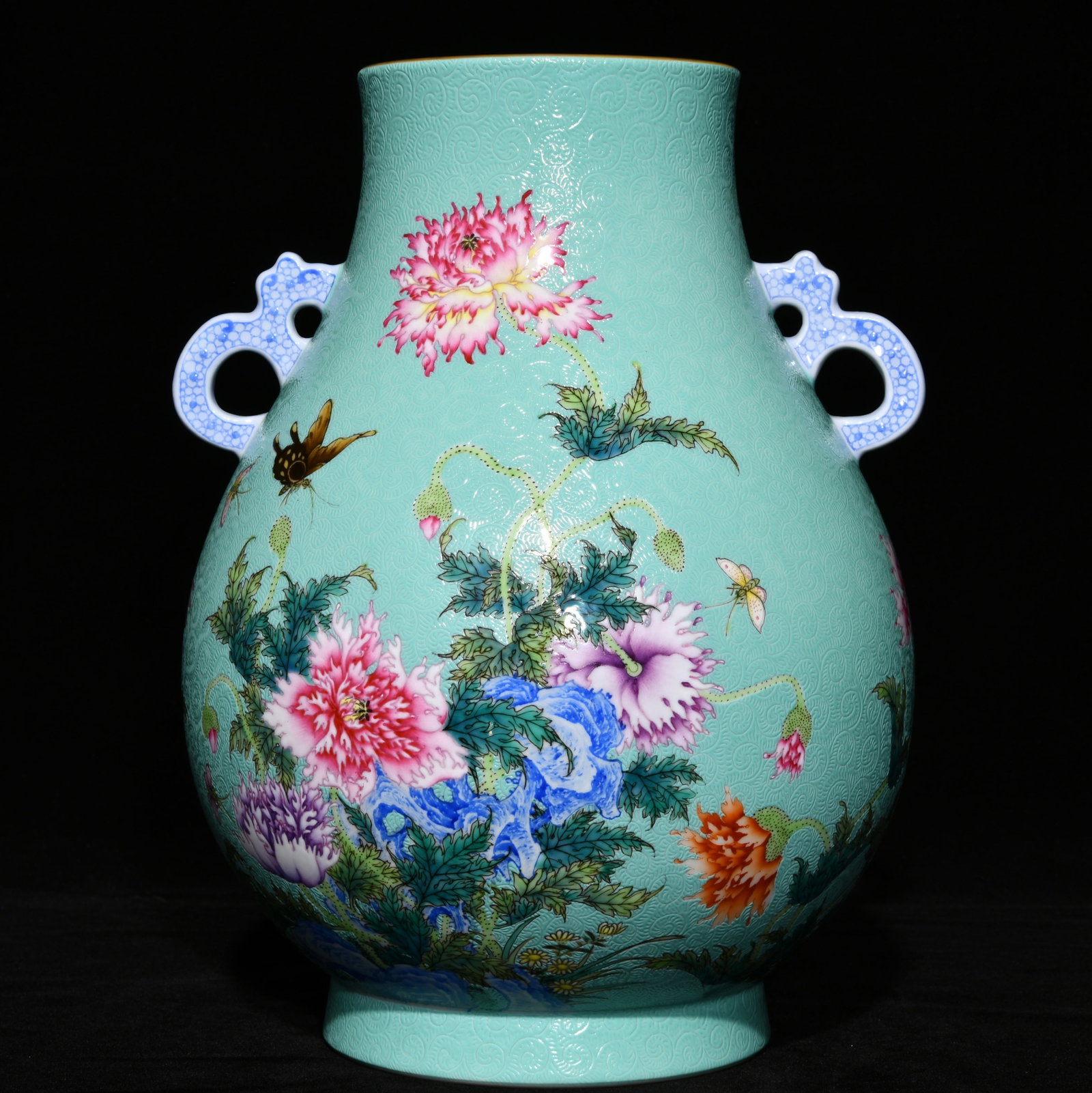 Qing Dynasty Yongzheng turquoise-glazed rolled enamel double-eared zun: Size: Height 28.5 cm - Width 22 cm Materials: Porcelain Time Period: Qing dynasty Manufactured Date: Yongzheng Mark & Period Object: Chinese Antique ⛨ Purchase With Confidence ✔ Ver