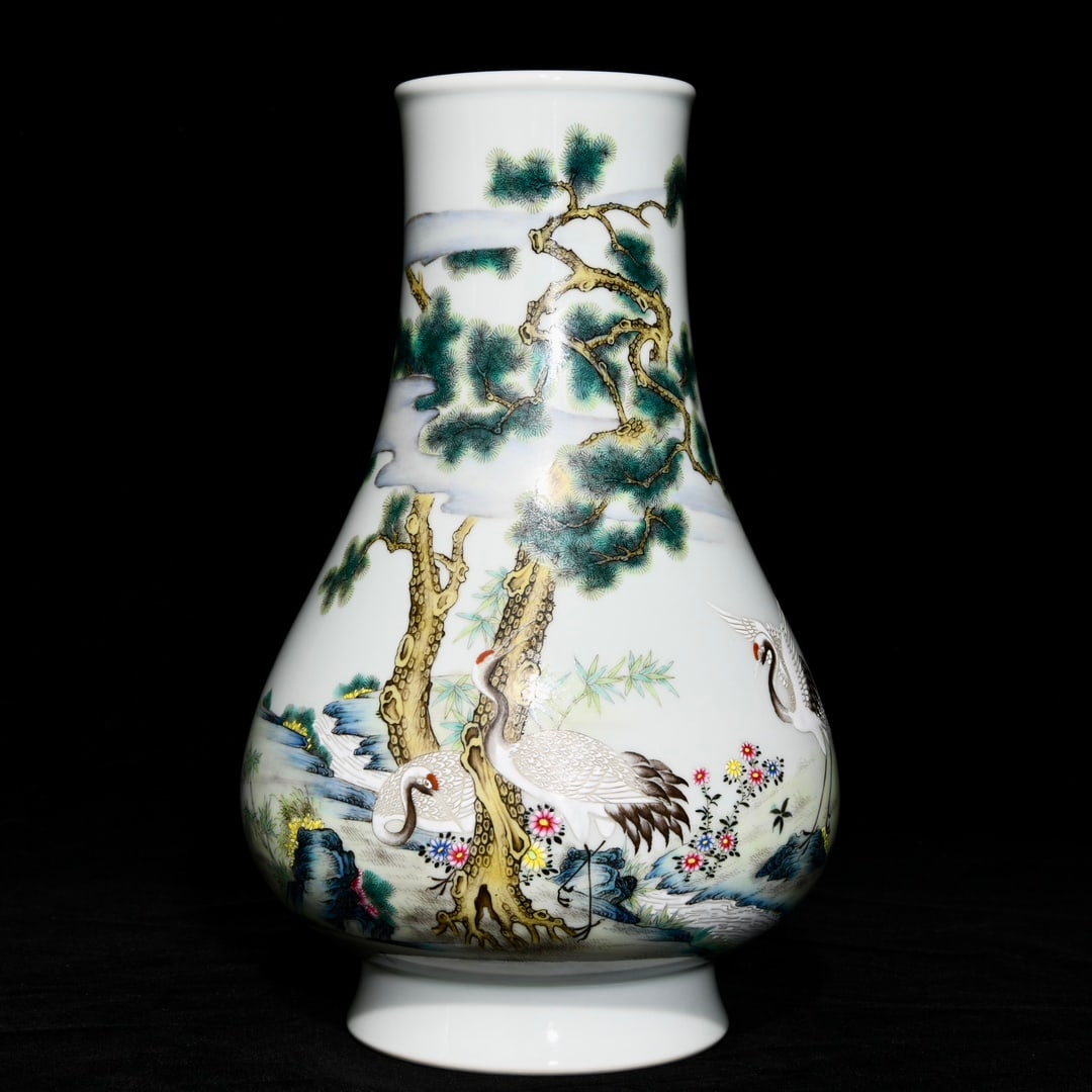 Qing Dynasty Yongzheng pastel pine and crane patterns large-bellied vase: Size: Height 28.8 cm - Width 17 cm Materials: Porcelain Time Period: Qing dynasty Manufactured Date: Yongzheng Mark & Period Object: Chinese Antique ⛨ Purchase With Confidence ✔ Ver