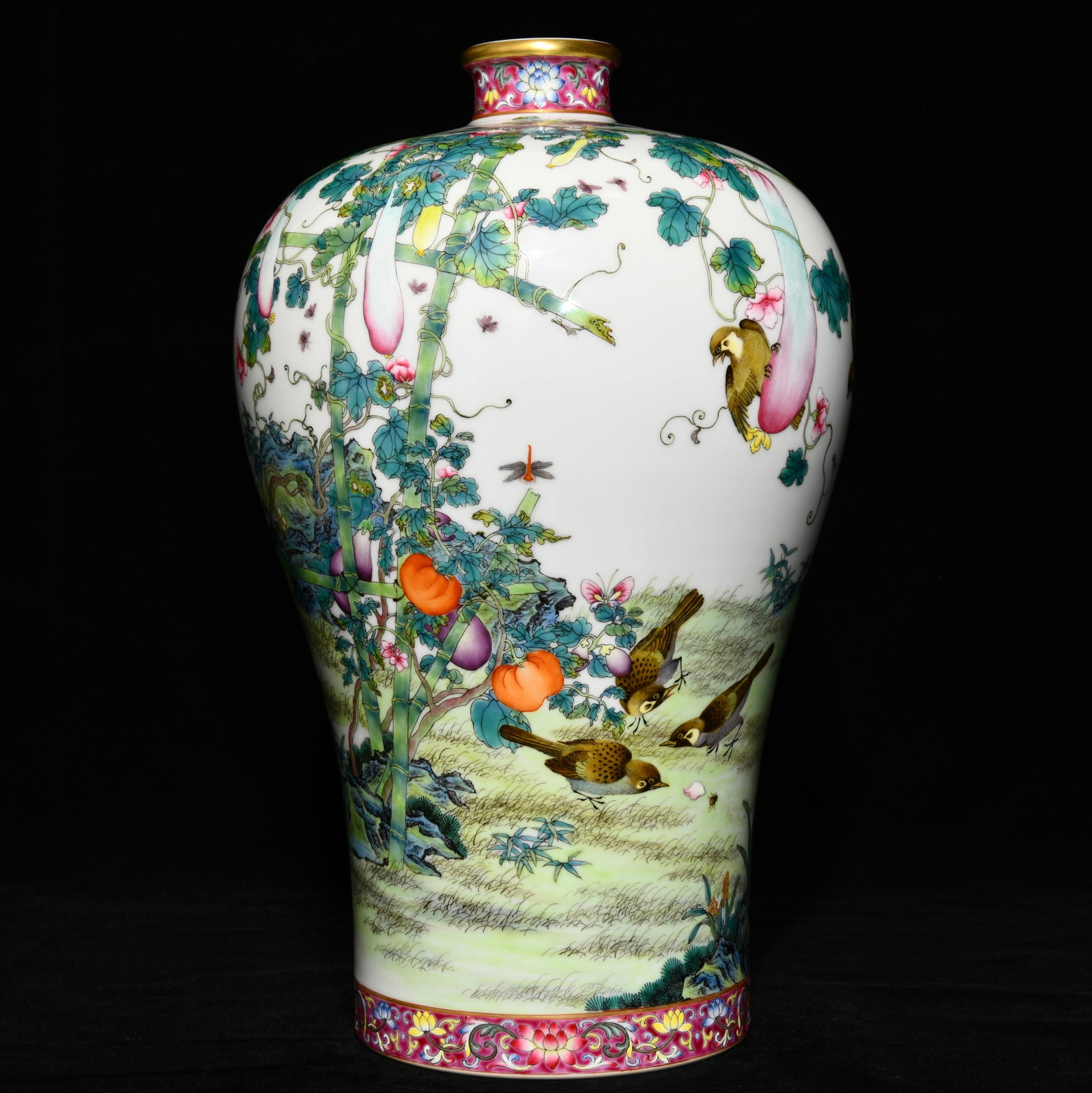 Qing Dynasty Yongzheng pastel melon and fruit pattern plum vase: Size: Height 37 cm - Width 23 cm Materials: Porcelain Time Period: Qing dynasty Manufactured Date: Yongzheng Mark & Period Object: Chinese Antique ⛨ Purchase With Confidence ✔ Verif