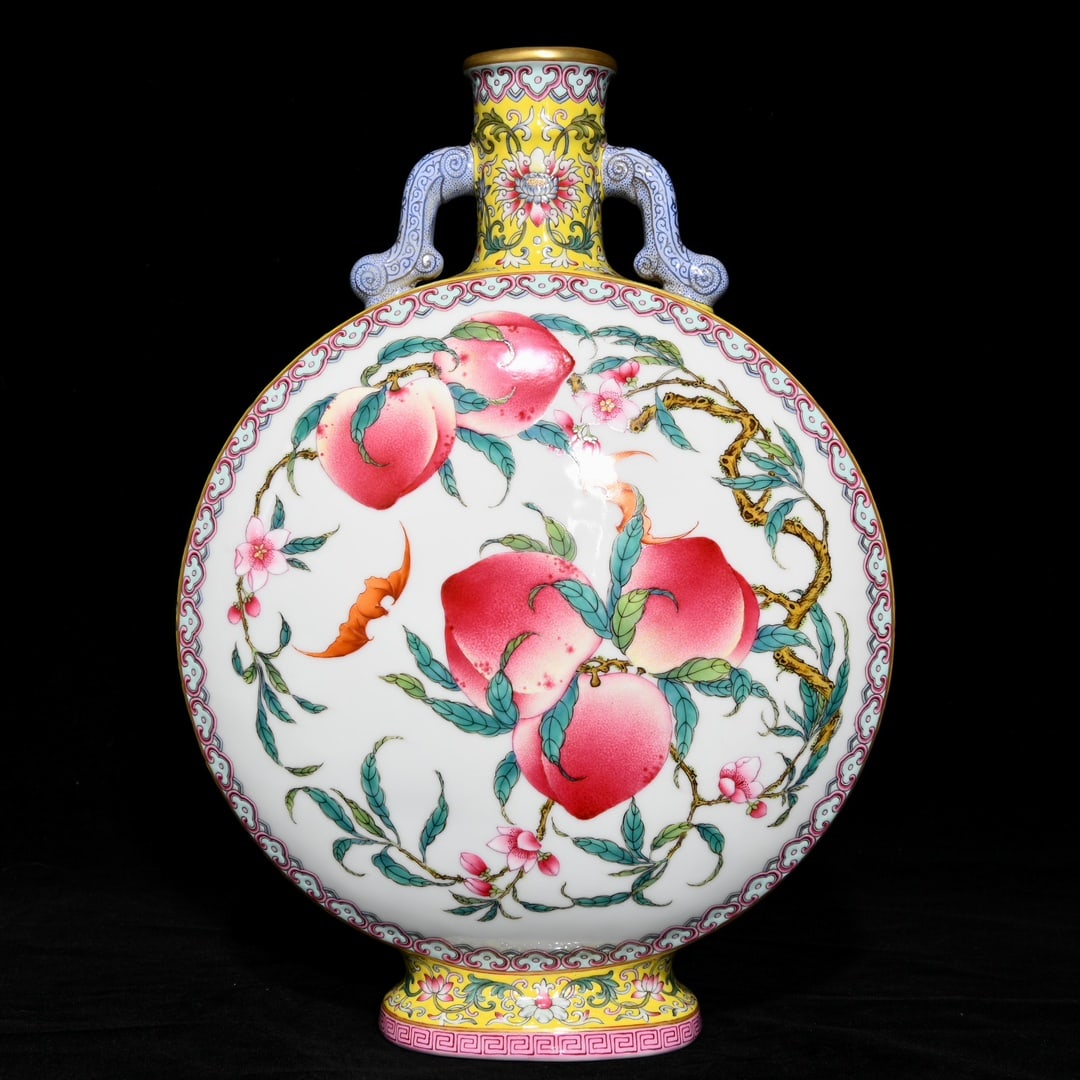 Qing Dynasty Yongzheng pastel blessings and longevity patterns double-eared flat vase (1 of 9)