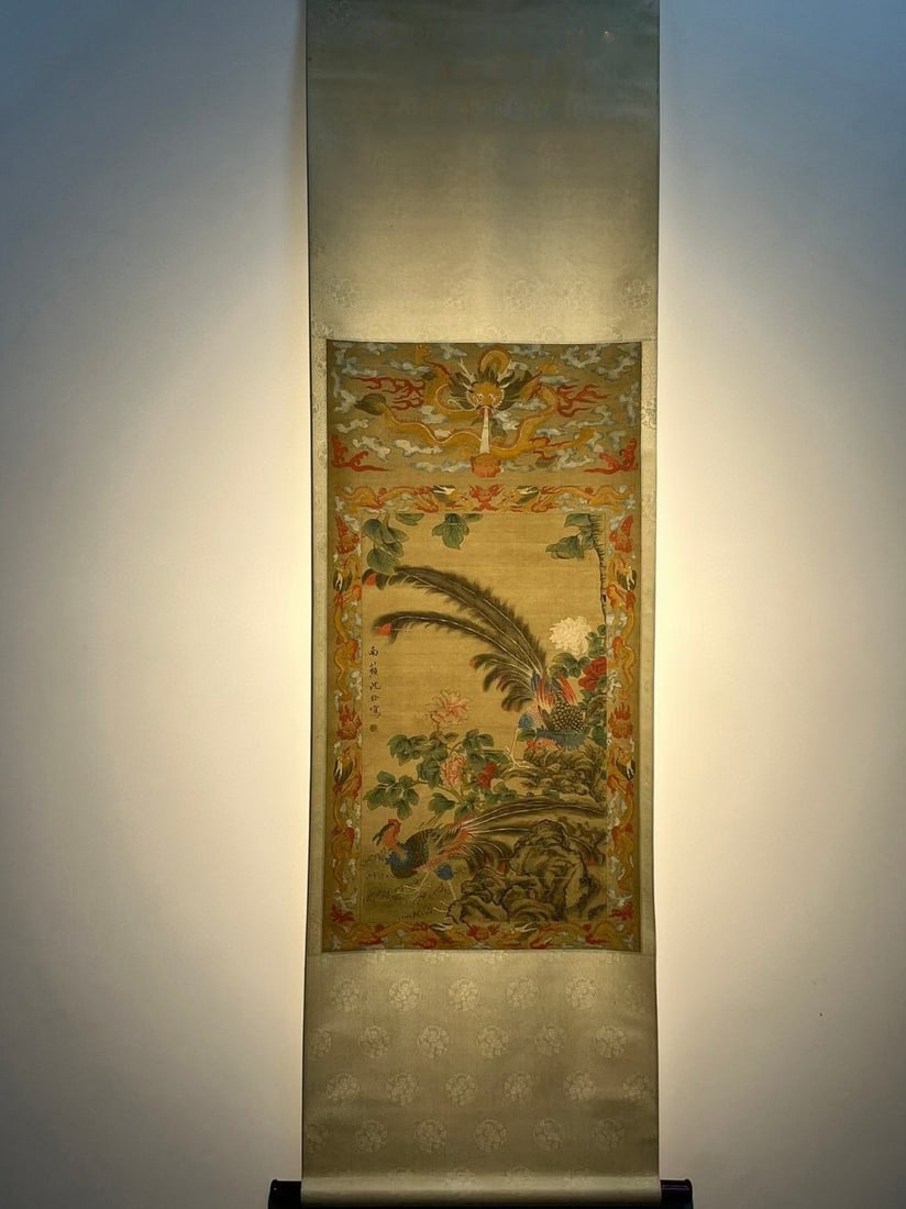 Chinese scroll painting Qing dynasty Shen Quan: Size: Height 93 cm - Width 50 cm Materials: Silk Time Period: Qing dynasty Manufactured by: Shen Quan Object: Chinese Antique This is a fine silk painting of flowers and birds by Shen Quan. Shen Quan'