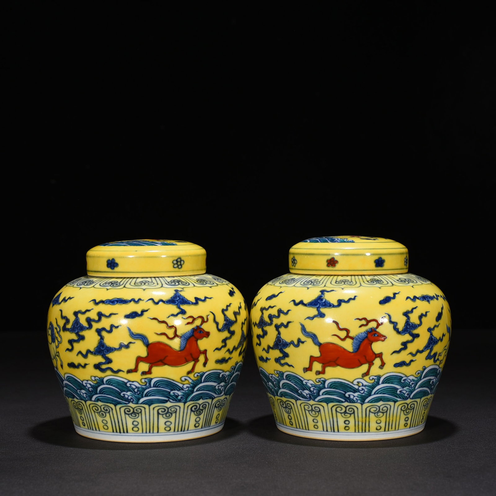 Ming Dynasty Chenghua yellow ground Doucai Pegasus pattern Tianzi jar: Size: Height 13 cm - Width 14 cm Materials: Porcelain Time Period: Ming dynasty Manufactured Date: Chenghua Mark & Period Object: Chinese Antique ⛨ Purchase With Confidence ✔ Verifi