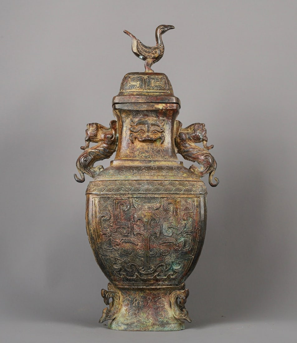 Zhou Dynasty Bronze Double Dragon and Standing Bird Square Vase: Size: Height 38 cm - Width 18 cm Materials: Bronze Time Period: Zhou dynasty Manufactured Date: 1050-BC Period Object: Chinese Antique ⛨ Purchase With Confidence ✔ Verified Auction