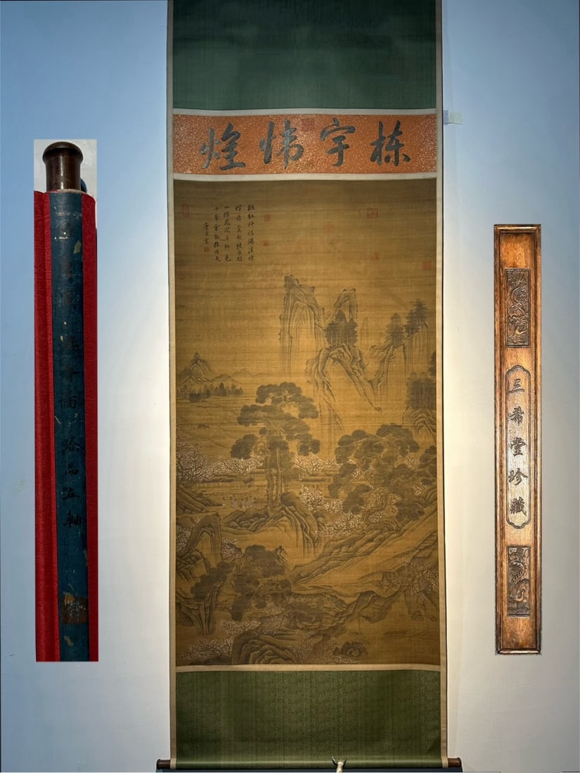 Chinese scroll painting Ming dynasty Tang Yin: Size: Height 300 cm - Width 107 cm Materials: Silk Time Period: Ming dynasty Manufactured by: Tang Yin Object: Chinese Antique A fine hand-painted eight-foot silk scroll of Tang Yin's "Spring Outing,"