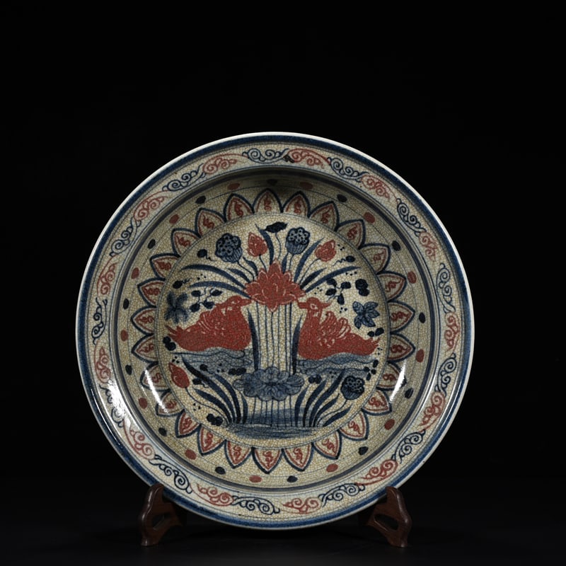 Ming Dynasty Yongle blue and white underglaze red lotus mandarin duck folded rim plate: Size: Width 36 cm - Height 8 cm Materials: Porcelain Time Period: Ming dynasty Manufactured Date: Yongle Mark & Period Object: Chinese Antique ⛨ Purchase With Confidence ✔ Verified