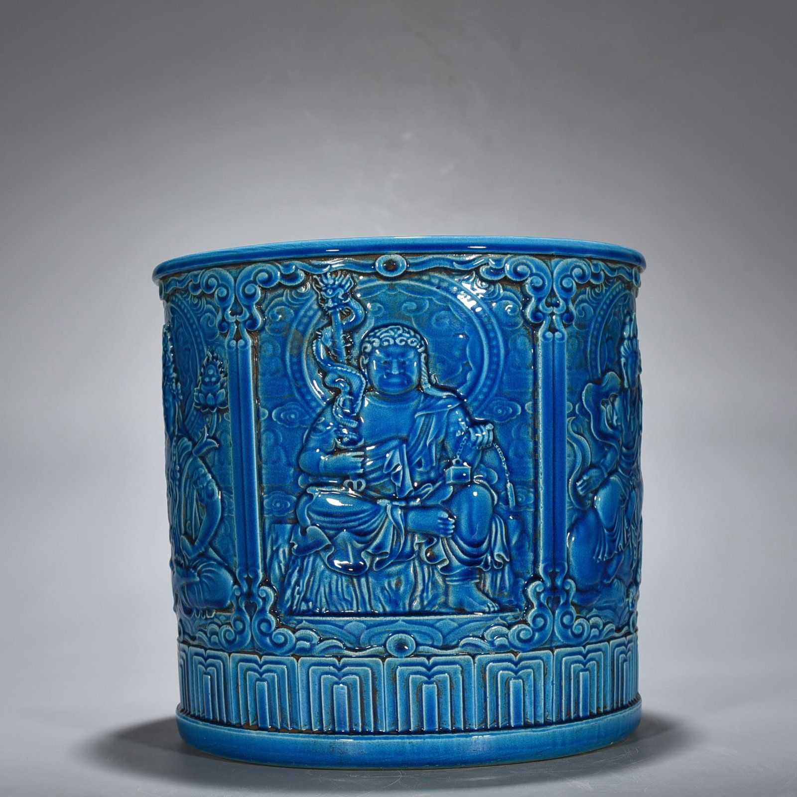 Qing Dynasty Qianlong peacock blue glaze carved Buddha figure pen holder (1 of 9)