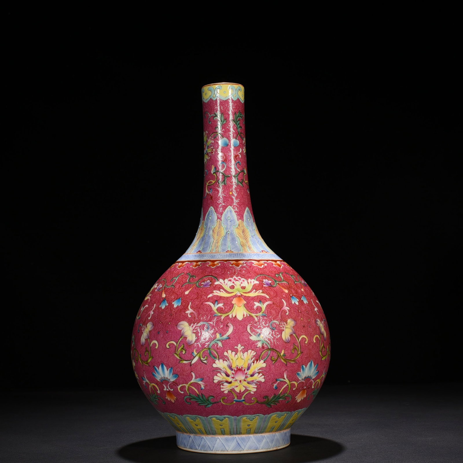 Qing Dynasty Qianlong rolling rouge ground pastel flower vase (1 of 9)