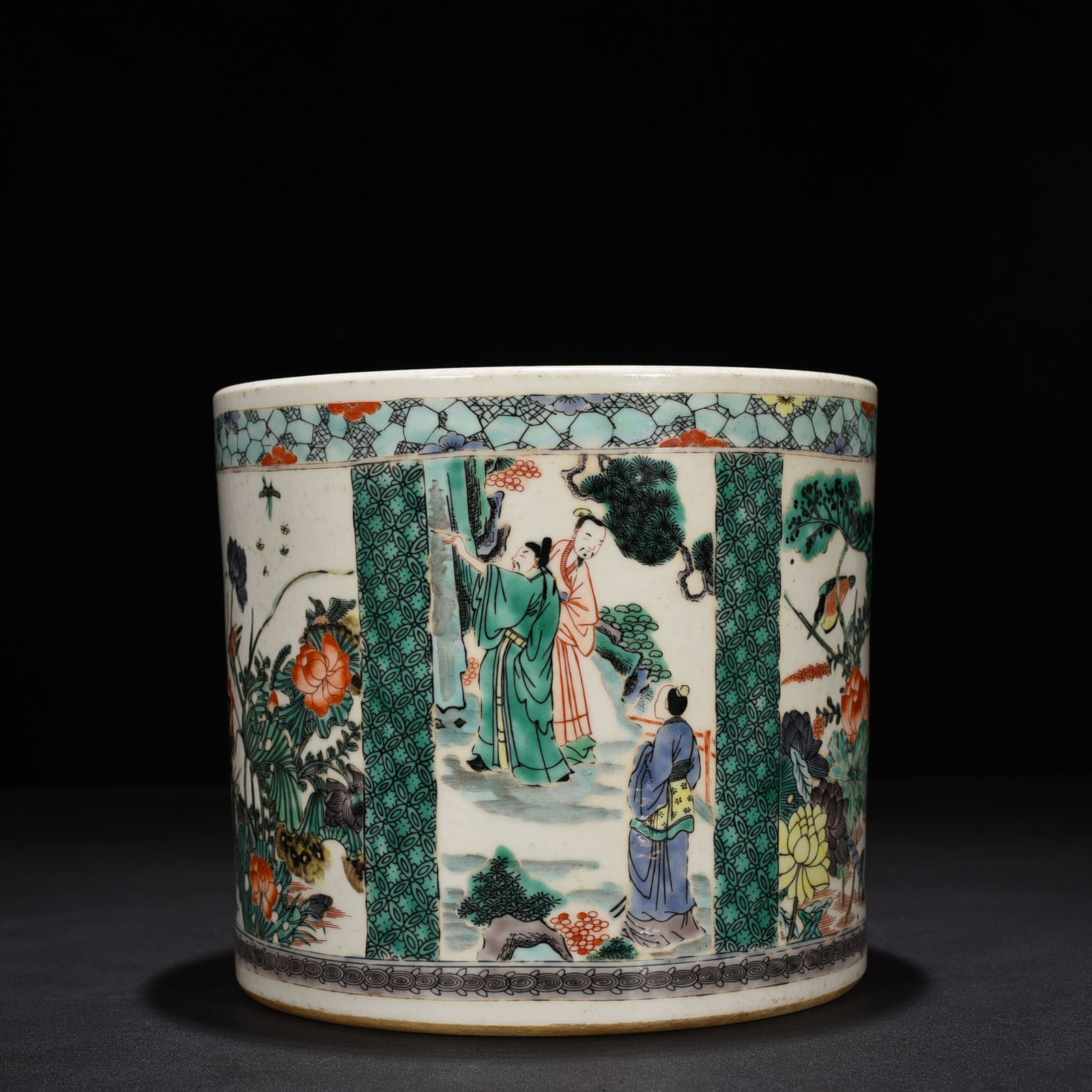 Qing Dynasty Kangxi colorful flower bird and human figures pen holder: Size: Height 19 cm - Width 21 cm Materials: Porcelain Time Period: Qing dynasty Manufactured Date: Kangxi Mark & Period Object: Chinese Antique ⛨ Purchase With Confidence ✔ Verified