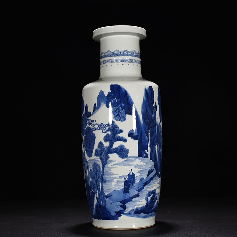 Qing Dynasty Kangxi blue and white landscape and figure pattern stick vase: Size: Height 48 cm - Width 20 cm Materials: Porcelain Time Period: Qing dynasty Manufactured Date: Kangxi Mark & Period Object: Chinese Antique ⛨ Purchase With Confidence ✔ Verified