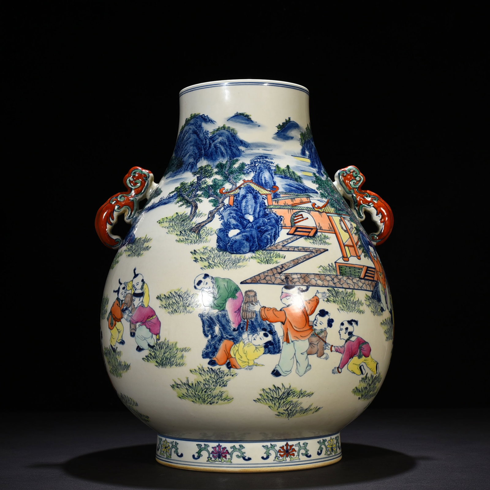 Qing Dynasty Yongzheng Doucai Hundred Sons Playing with Spring Infants Double-eared Zun: Size: Height 48 cm - Width 37 cm Materials: Porcelain Time Period: Qing dynasty Manufactured Date: Yongzheng Mark & Period Object: Chinese Antique ⛨ Purchase With Confidence ✔ Verif