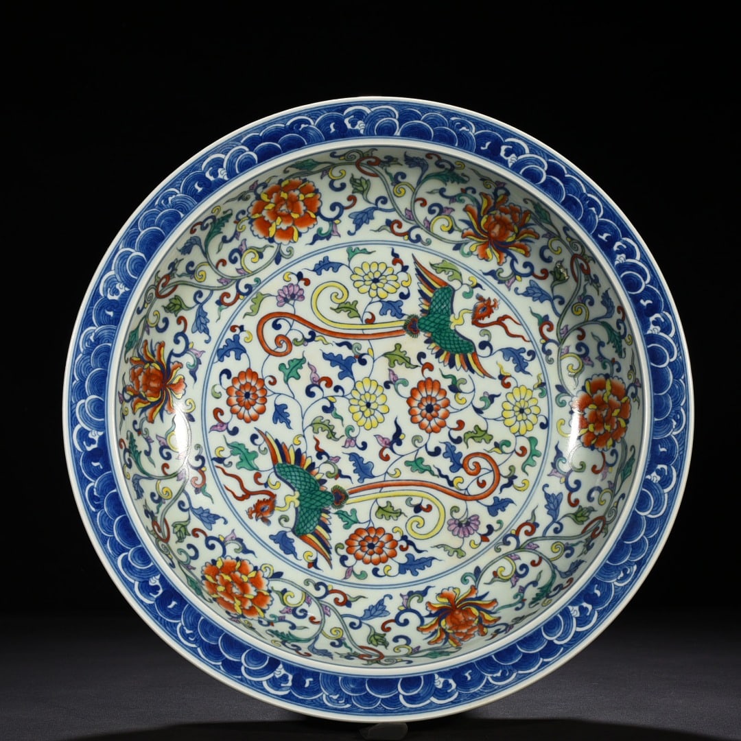Qing Dynasty Yongzheng doucai decorated with branches and phoenix pattern folded edge dish (1 of 9)