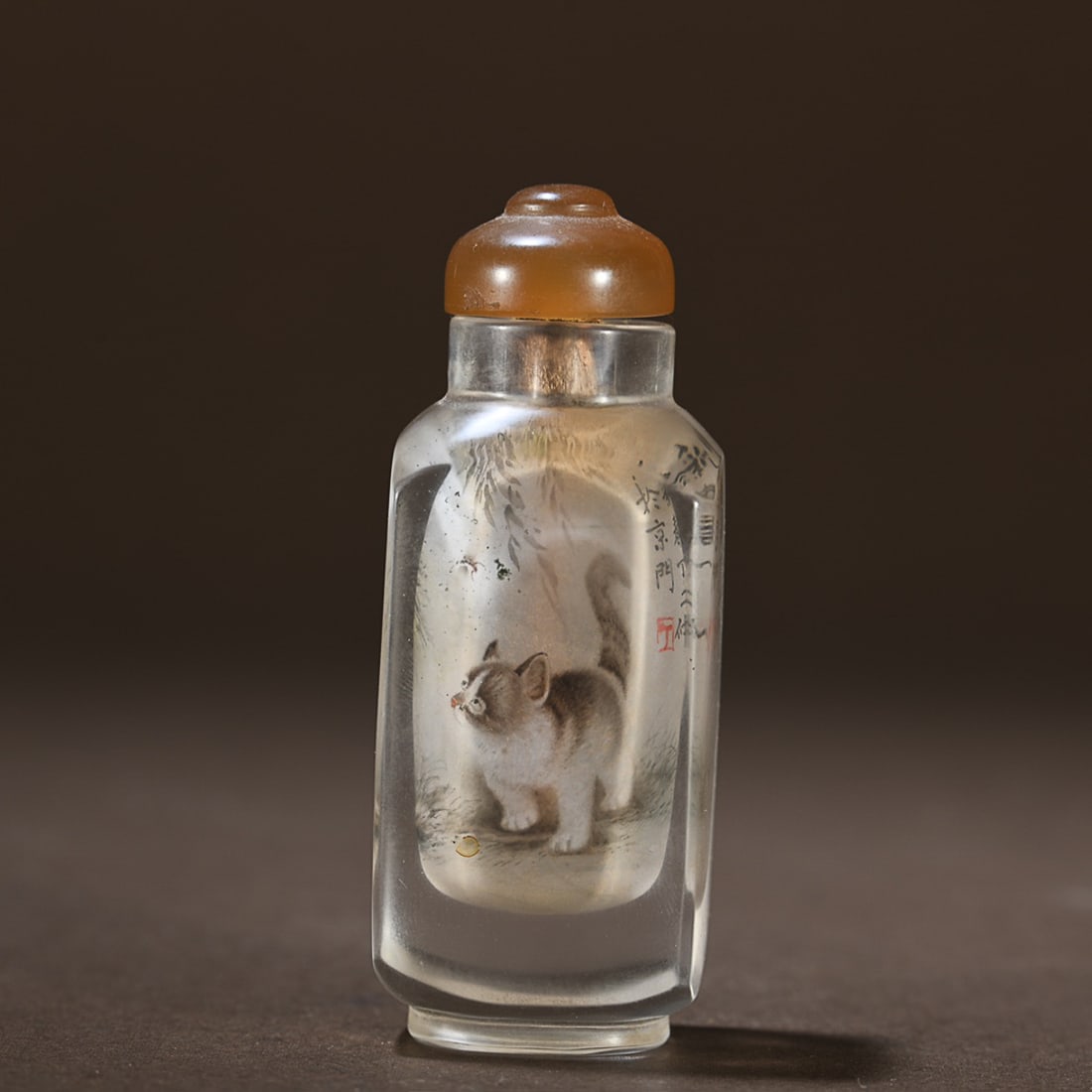 INSIDE-PAINTED CRYSTAL 'CAT AND BIRD' SNUFF BOTTLE (1 of 9)