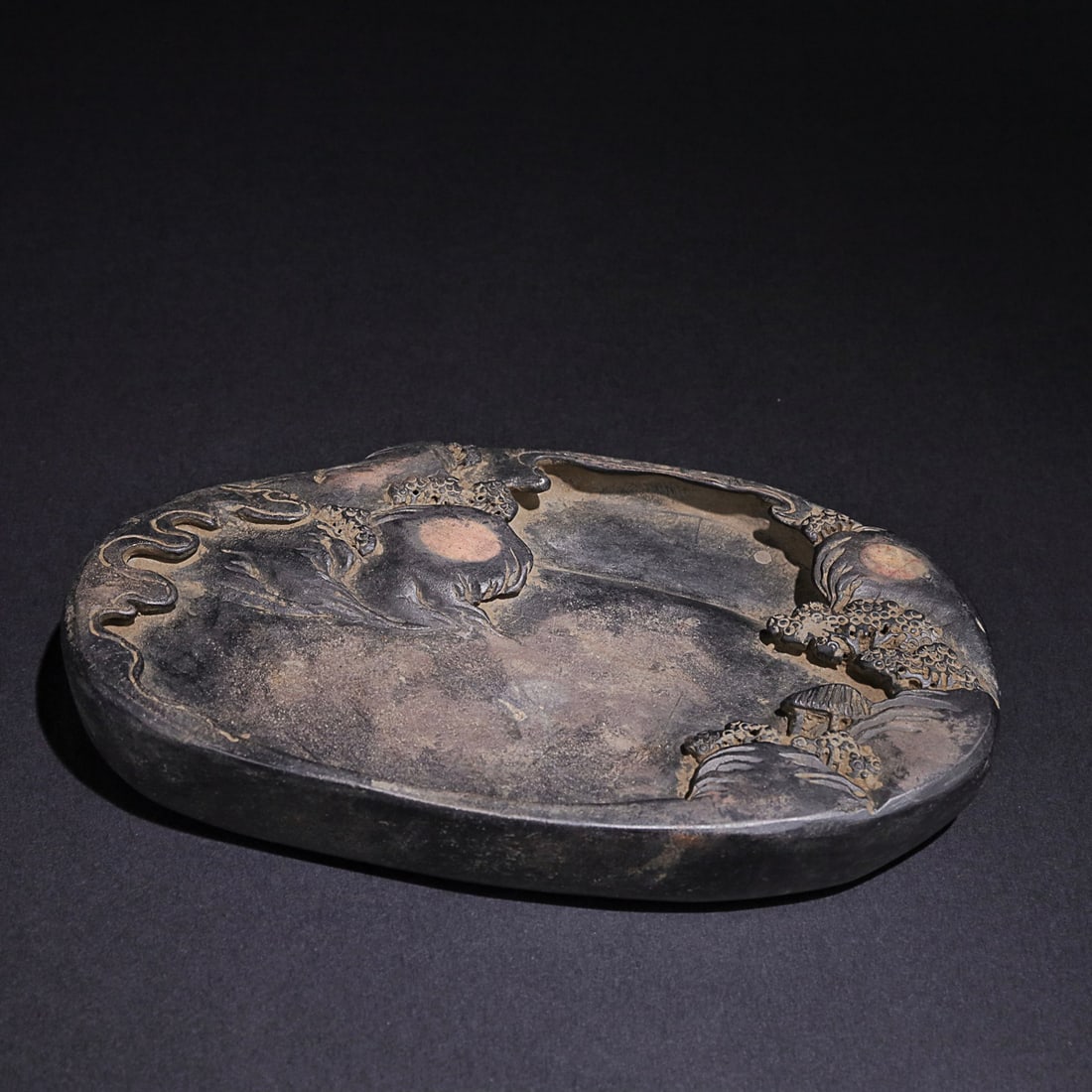 DUAN STONE 'LANDSCAEP SCENERY' INKSTONE: Zhou Ling Shu mark. Dimension: Length: 18cm, Width: 10.2cm, Thickness: 2.5cm Weight: 800g Property from an European private collection. Please contact the specialist department to request further info