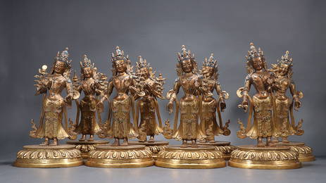 A SET OF EIGHT GILT-BRONZE BODHISATTVAS STATUES