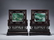 PAIR OF JADEITE 'LANDSCAPE SCENERY' TABLE SCREENS WITH WOOD STANDS