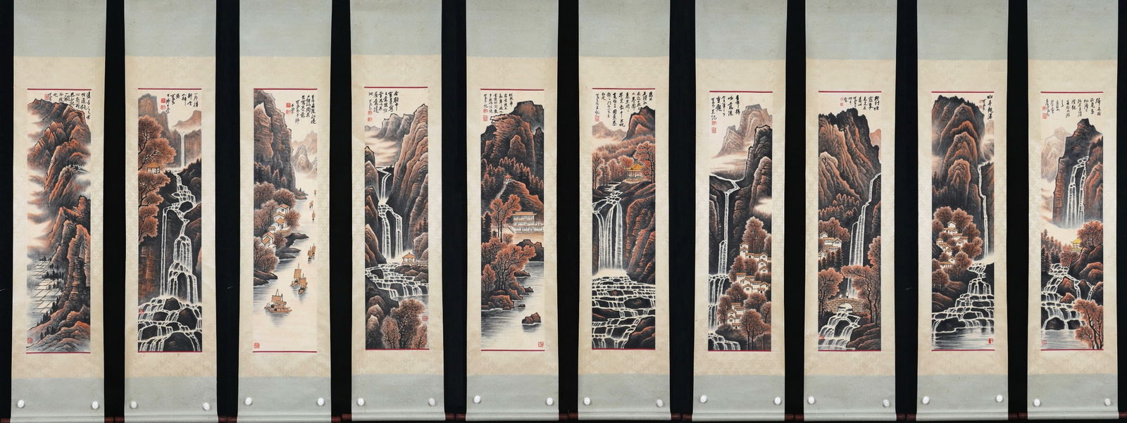 Li Keran,Thousand Sails and Flying Waterfalls, ten panels on paper: 137cmX35cm