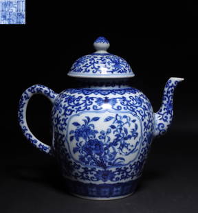 Qianlong Blue and White Teapot: 7.48"L x 4.72"W x 7.48"H