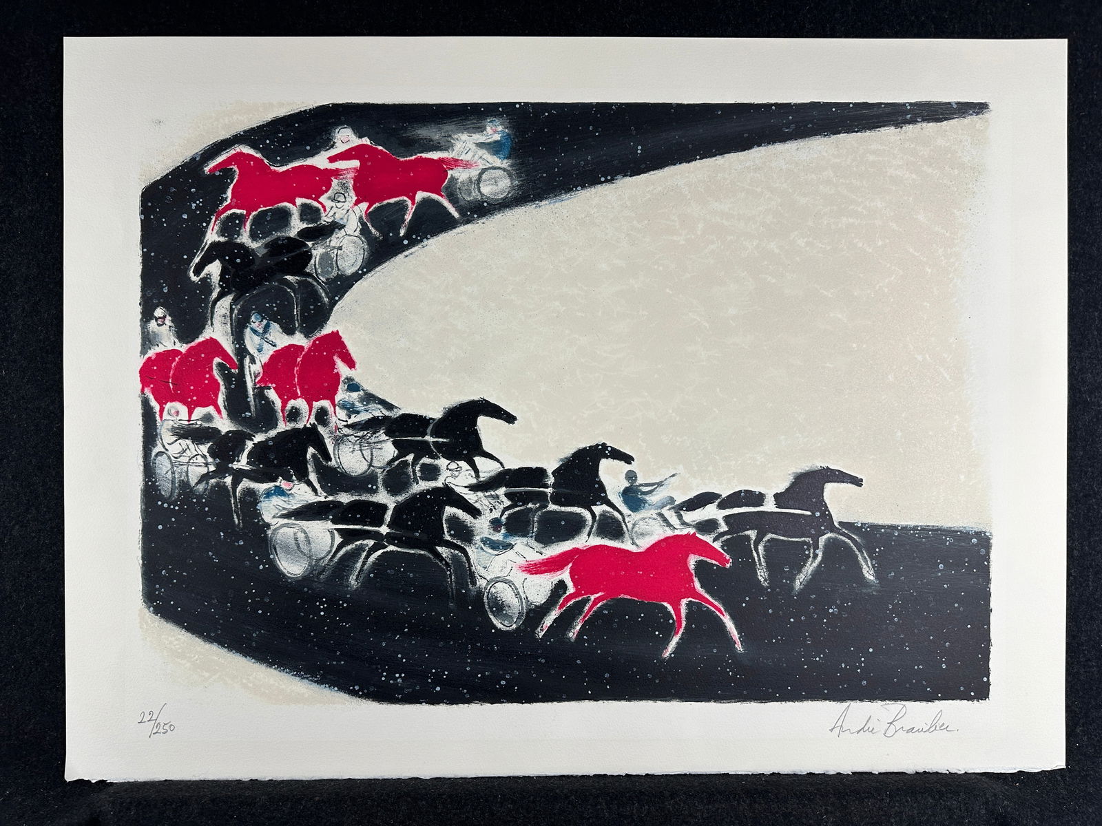 Andre Brasilier, original lithograph, pencil signed: Artist: Andre Brasilier (French, 1929-) Title: Courses Year: 1991 Medium: original lithograph Image Size: 18.0 x 25.4 inches Sheet Size: 21.9 x 29.8 inches Catalog reference: n/a<