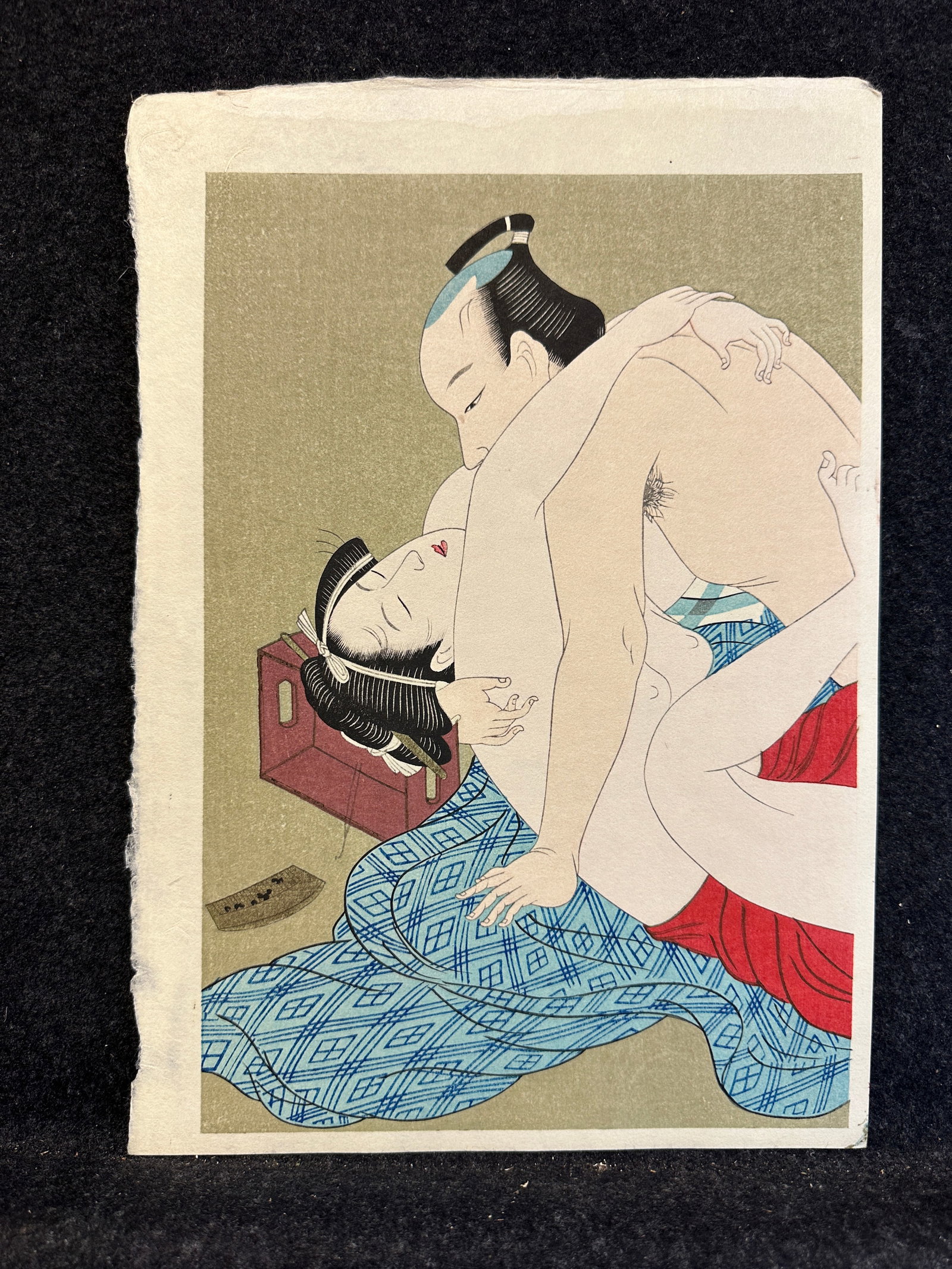 Utagawa Toyoharu, hand made polychrome woodblock, unsigned: Artist: Utagawa Toyoharu (Japanese, 1735-1814) Title: Shunga Year: 1975 Medium: hand made polychrome woodblock Image Size: 11.3 x 7.7 inches Sheet Size: 12.7 x 8.8 inches Catalog refe
