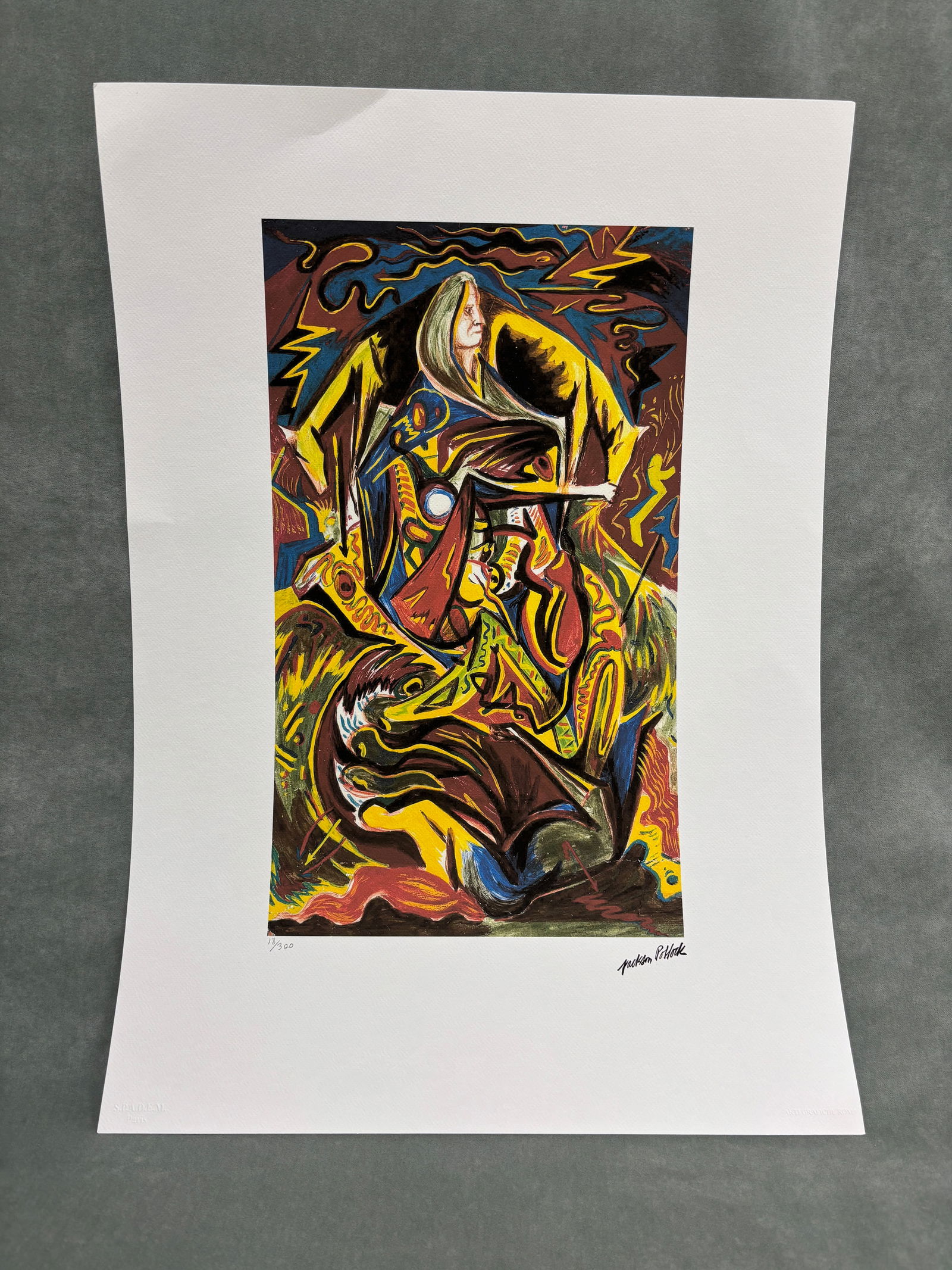 Jackson Pollock, offset lithograph, signed in the plate: Artist: Jackson Pollock (American, 1912-1956) Title: Year: 1990 Medium: offset lithograph Image Size: 19.6 x 11.5 inches Sheet Size: 27.6 x 19.6 Catalog reference: Descrip
