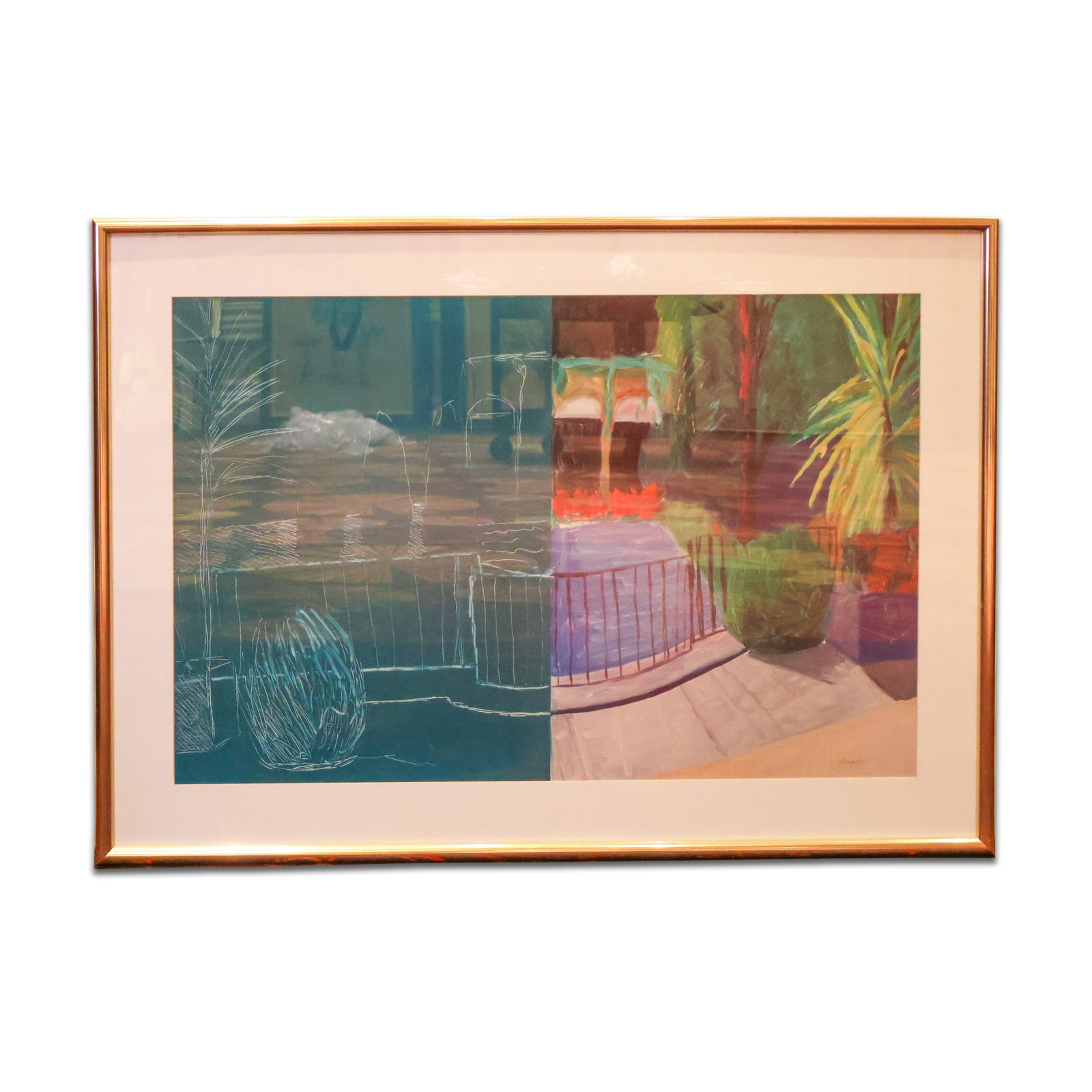 Framed Print: Print on paper of a garden half in green and the other half in different colors in a gold colored 1 inch frame in plexi glass. Size 30" x 40.25"Total Quantity: 1.