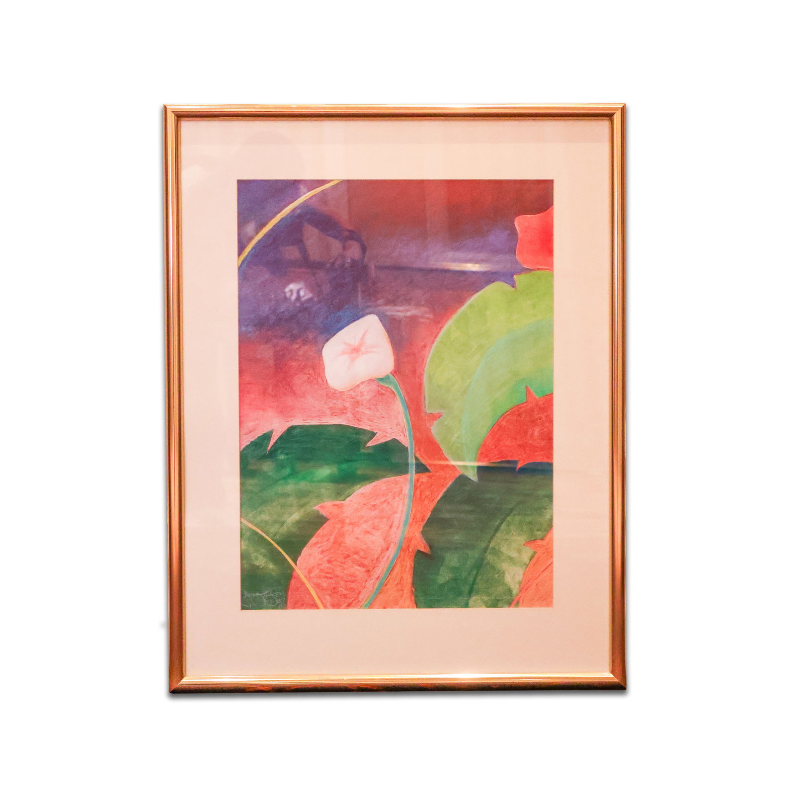 Framed Art: Pastel art work of a lily and palm leaves with a pink background in a Gold colored frame with plexi glass. Size 29.75" x 23.5". Total Quantity: 1.
