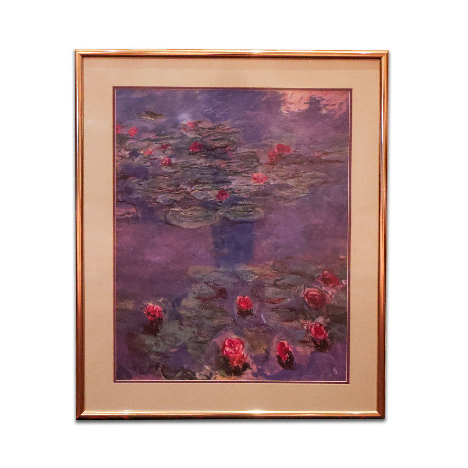 Framed Print: Paper on paper of monet lillies in water in a gold colored frame with plexi glass. Size 34" x 28.75". Total Quantity: 1.