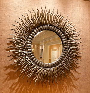 Framed Sun Mirror: Sun like shaped mirror made of mental and stone. Size 74" x 74". Total Quantity: 1.