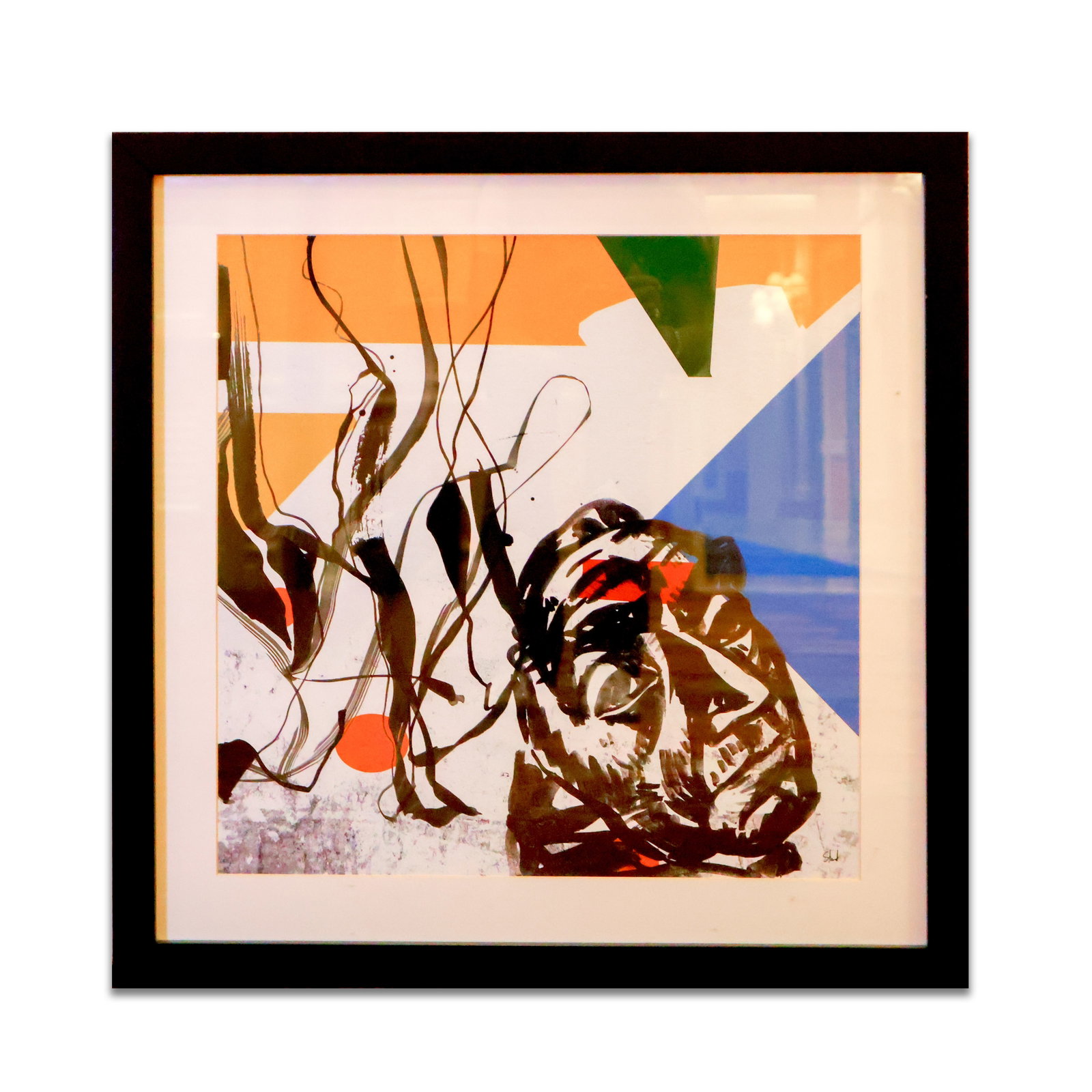 Framed Art: Print on paper of abstract lines and shapes in a black colored frame with standard glass. Size 24" x 24". Total Quantity: 1.