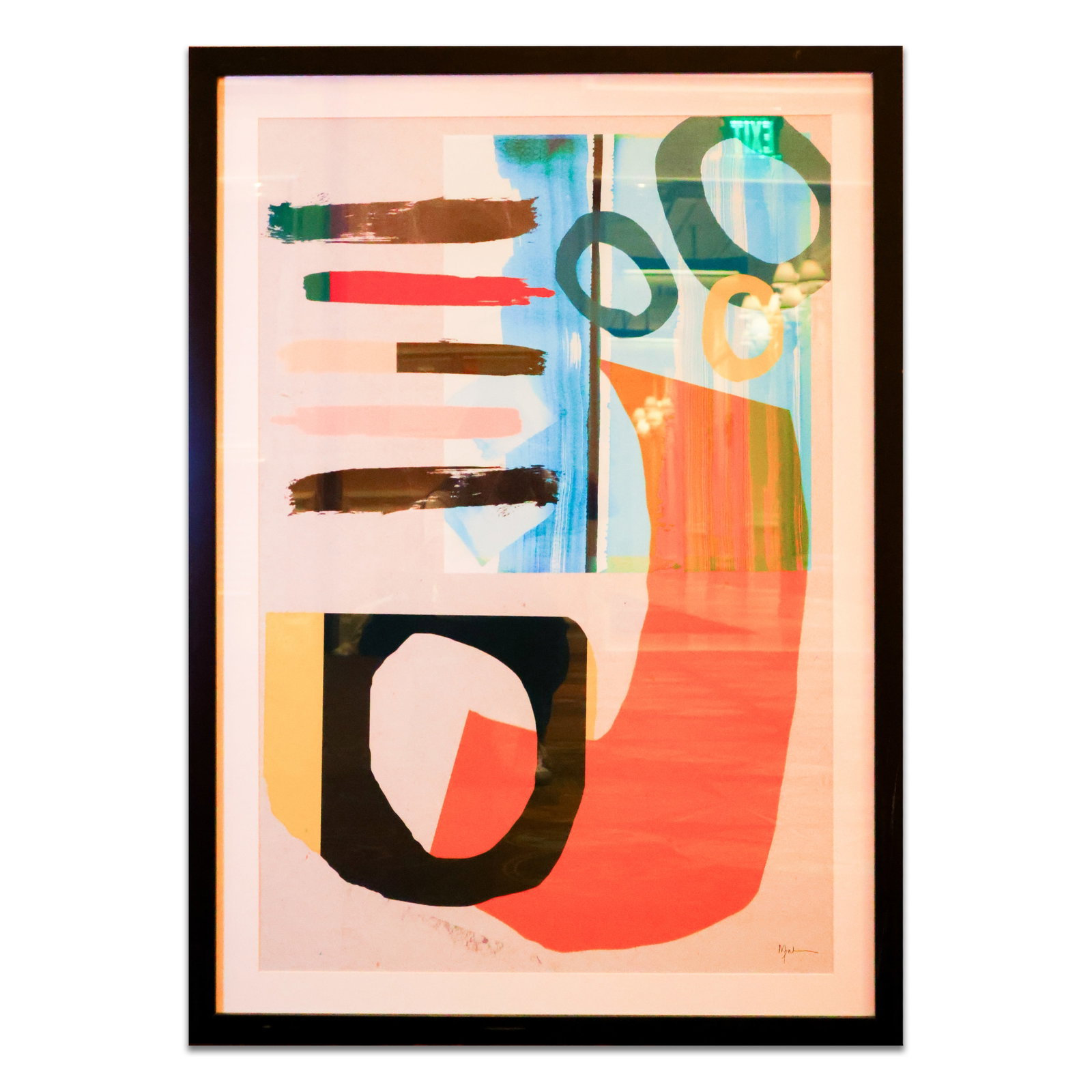 Framed Art: Print on paper of abstract shapes and colors in a black colored frame with standard glass. Size 30" x 42". Total Quantity: 1.