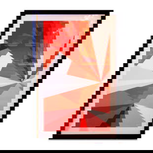 Framed Art: Two prints on paper of abstract geometric art work in black colored frames with plexi glass. Size 24" x 36".Total Quantity: 2.