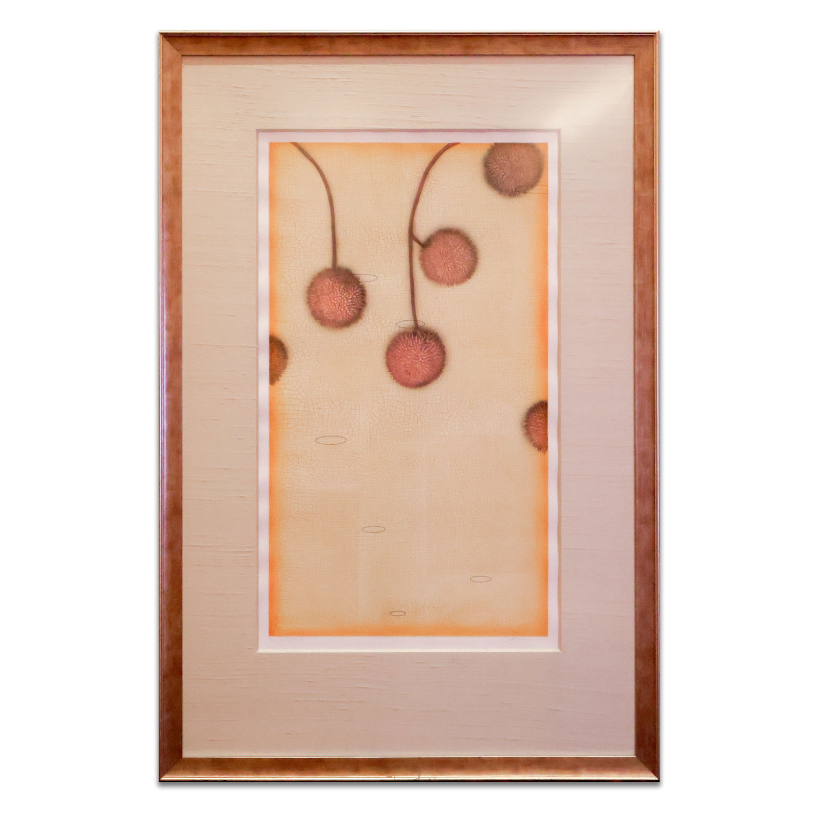 Framed Art: Print on paper of six hanging puff balls in a wooden antique style frame with plexi glass. Size 48" x 33". Total Quantity: 1.