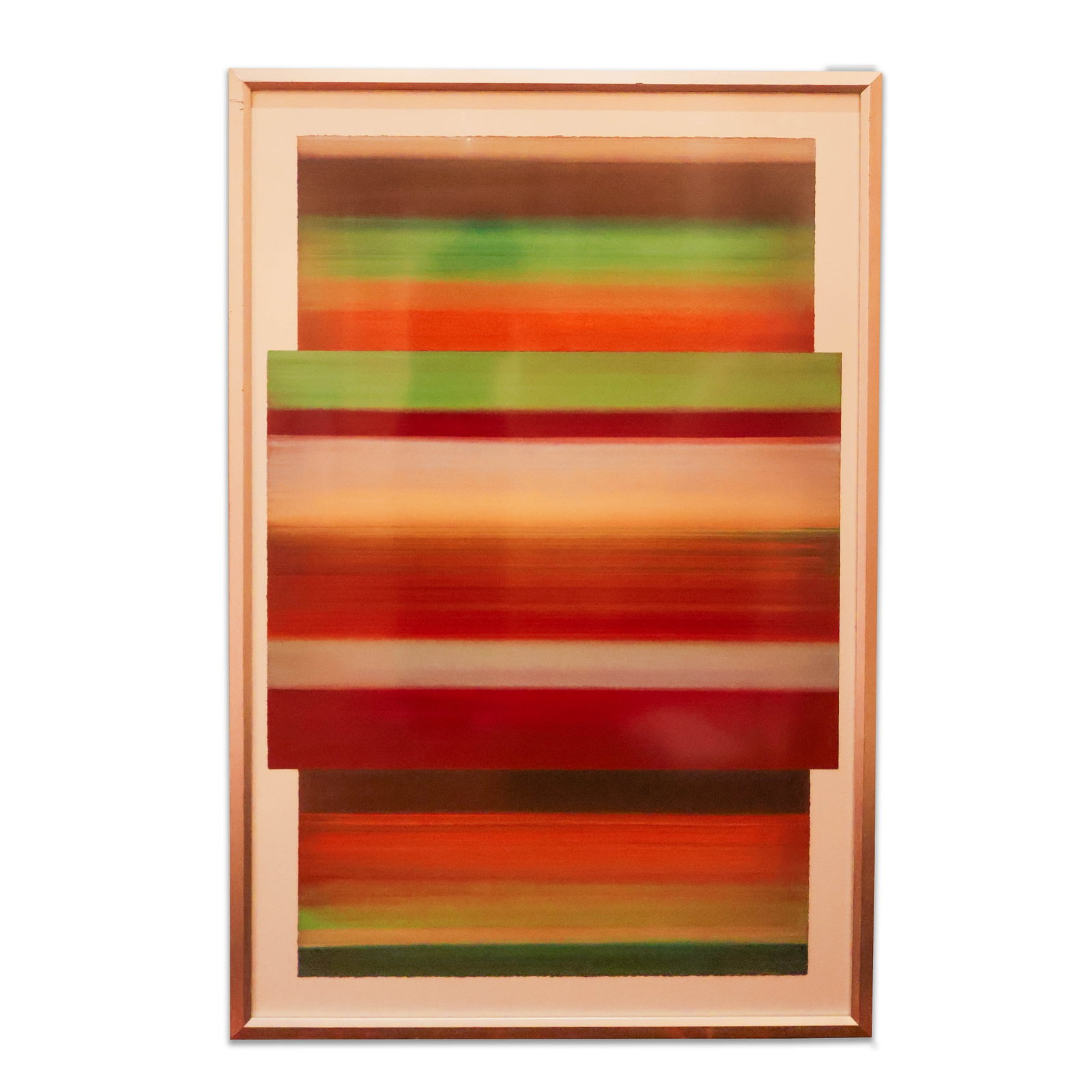 Framed Art: Abstract of red, white, green, and brown lines in a bronze colored frame with glass. Size 51" x 34". Total Quantity: 1.