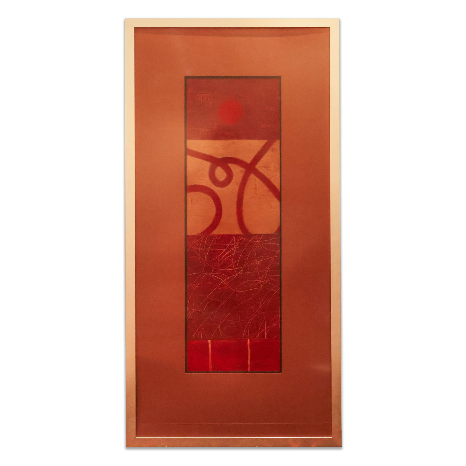 Framed Art: Abstract of red lines in a bronze colored frame with glass. Size 64" x 32". Total Quantity: 1.