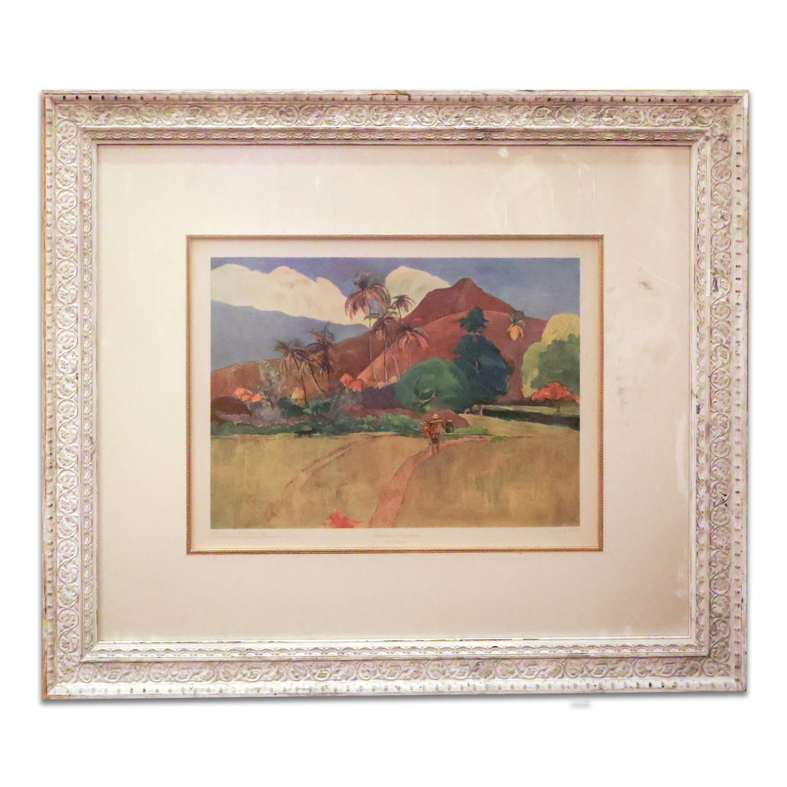 Framed Art: Artwork of mountains and grass with trees and clouds in a white colored frame with glass. Size 33" x 38". Total Quantity: 1.