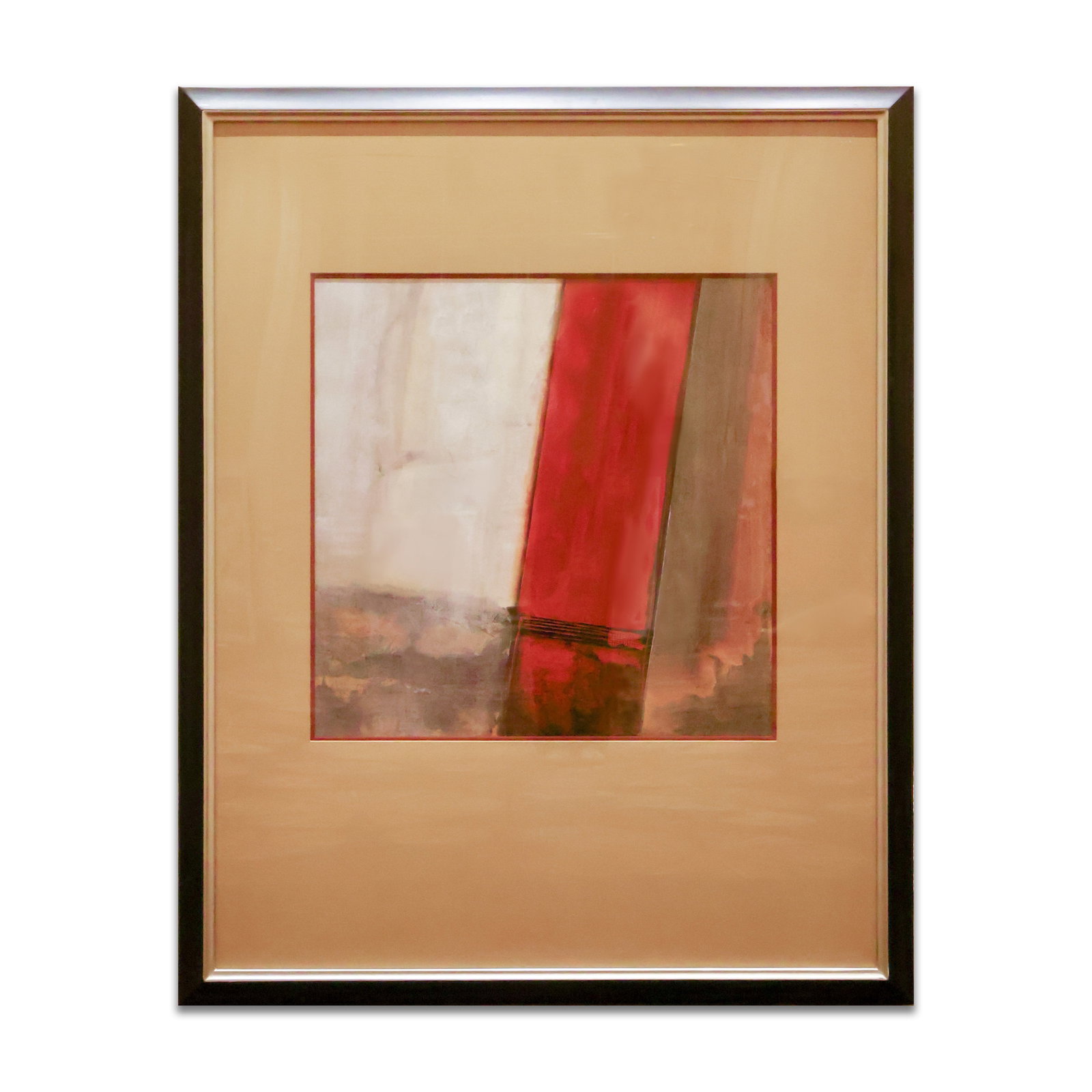 Framed Art: Abstract of red, white, and brown colors in a black colored frame with glass. Size 60" x 49". Total Quantity: 1.