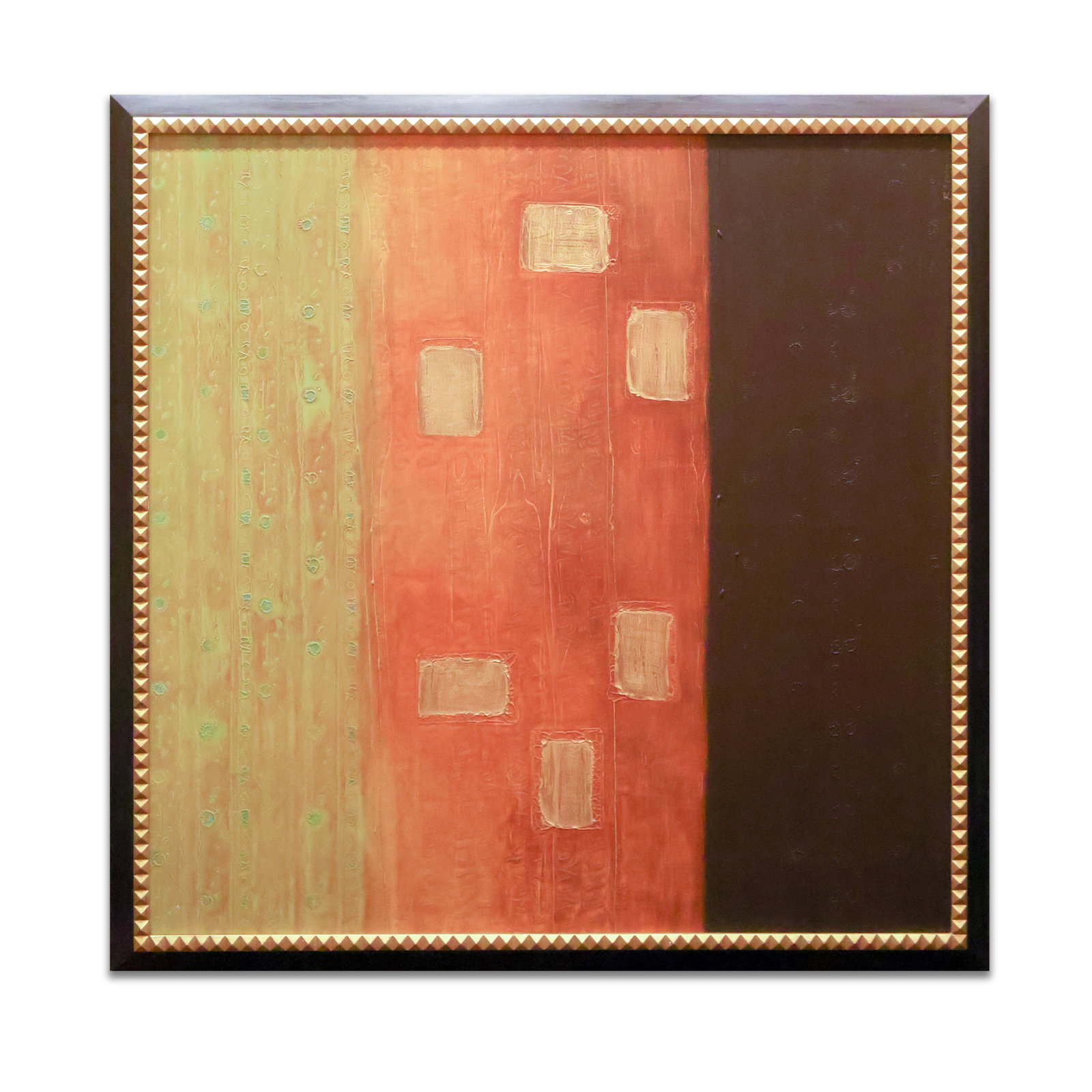 Framed Art: Abstract of colors and shapes in a black colored frame. Size 59" x 59". Total Quantity: 1.
